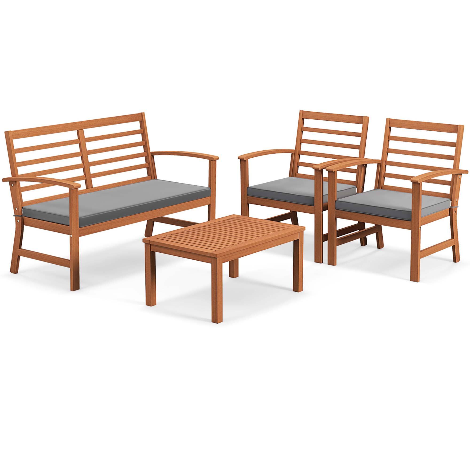 Front. Costway - Costway 4 PCS Outdoor Furniture Set with Soft Seat Cushions Stable Acacia Wood Frame - Grey.