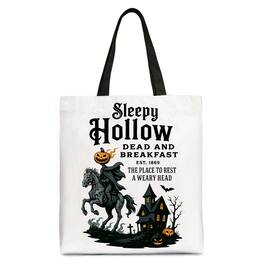 OrnamentallyYou - Headless Horseman Sleepy Hollow Halloween Canvas Tote Bag, Dead and Breakfast Retro Gift - White Black