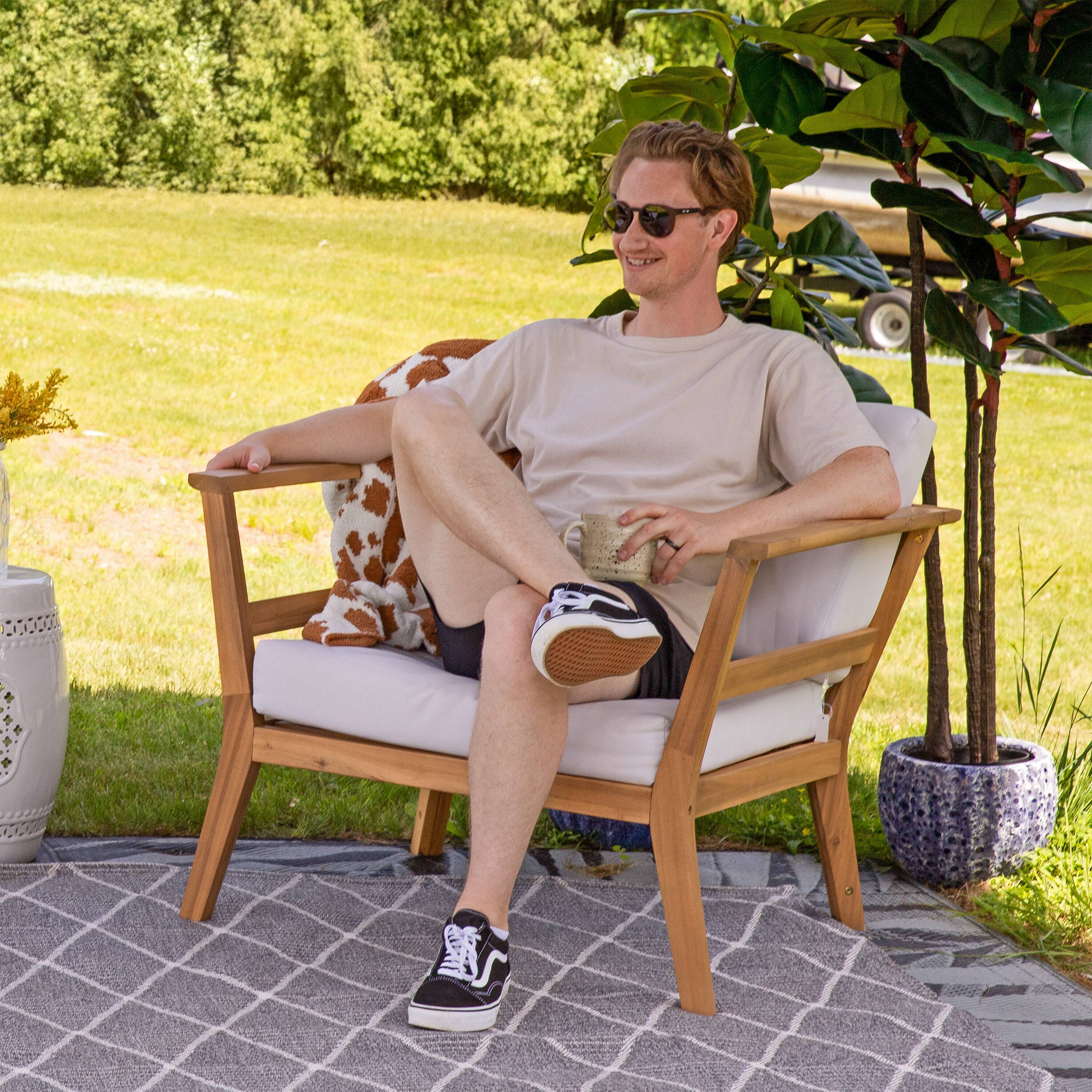 Alt View 7. Sunnydaze - Bodie Acacia Wood Patio Armchair with Cushions - Set of 2 - Natural/Bone White.