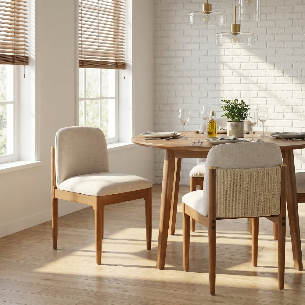 Loheer - Modern Dining Chairs Set of 2 Solid Wood Legs Woven Rope Backrest Kitchen Chairs Beige Upholstered - Walnut price history on PriceWatchPro
