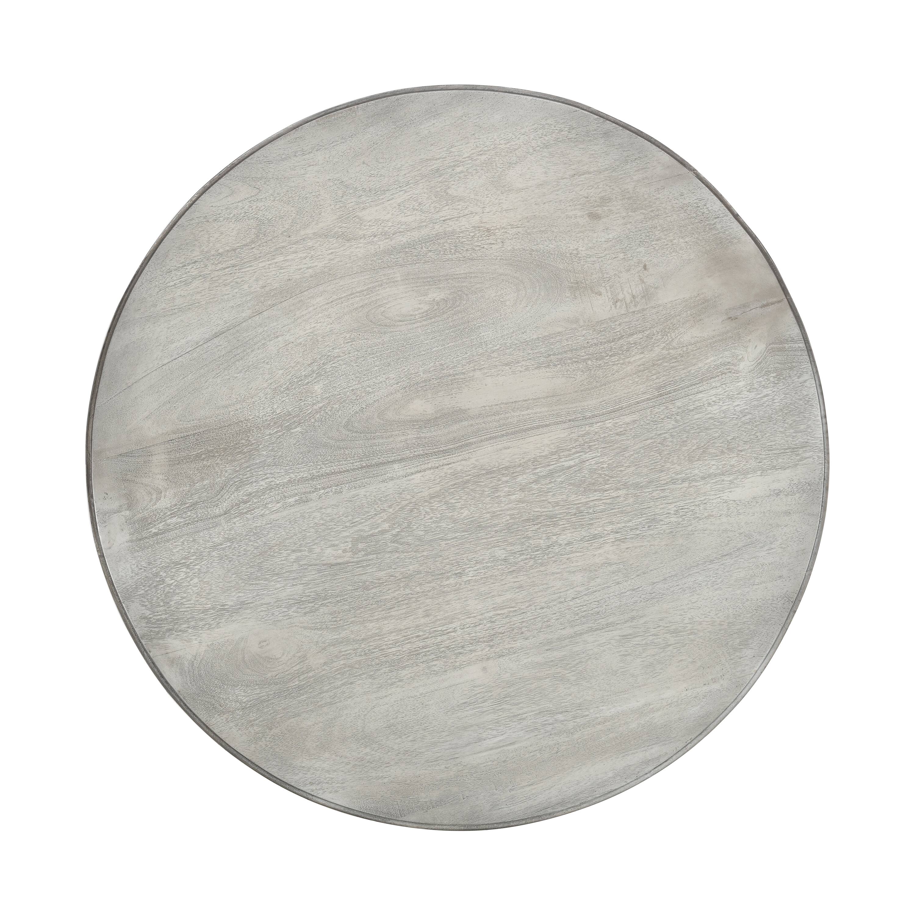 Back. Manhattan Lane - 42 Inch Handcrafted Mango Wood Dining Table, Pedestal Base, Round Molded Top - Washed White and Gray.