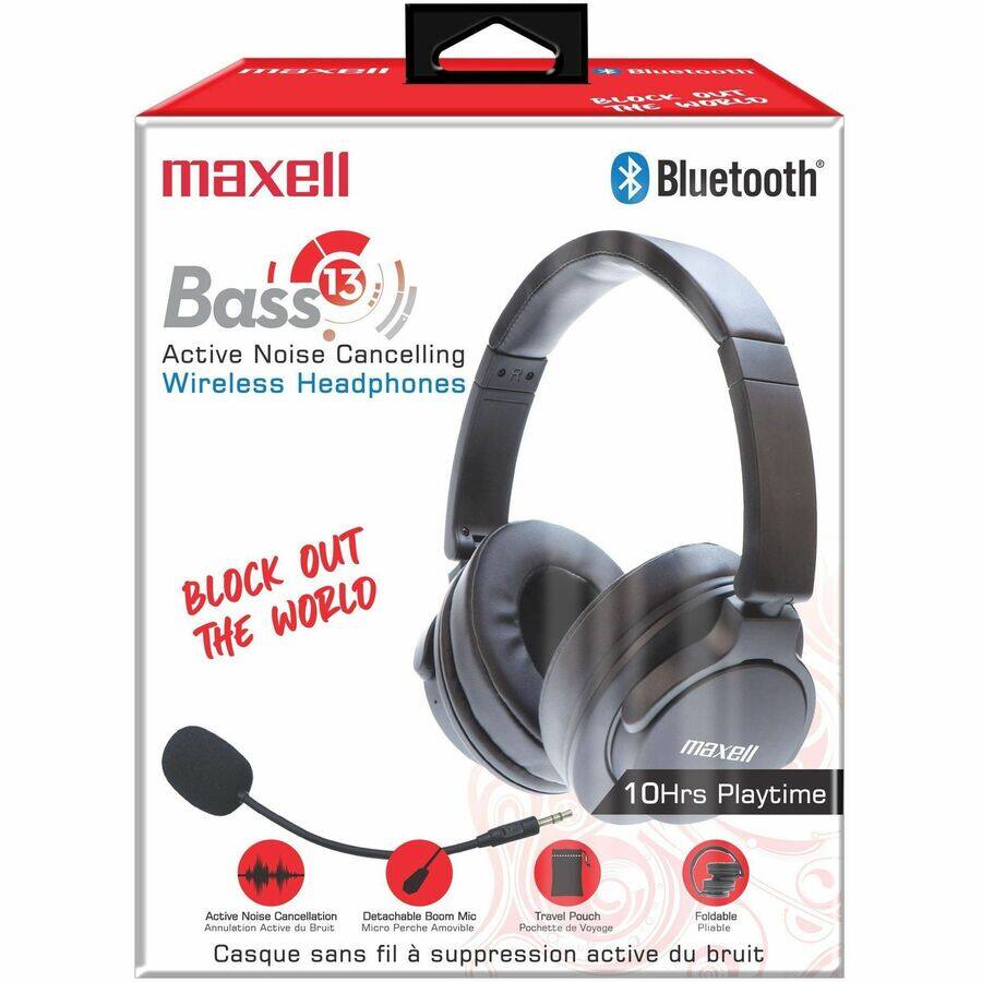 maxell  
Bass 13  
Active Noise Cancelling Wireless Headphones  

BLOCK OUT THE WORLD  

Bluetooth  

10Hrs Playtime  

Active Noise Cancellation  
Annulation Active du Bruit  

Detachable Boom Mic  
Micro Perche Amovible  

Travel Pouch  
Pochette de Voyage  

Foldable  
Pliable  

Casque sans fil à suppression active du bruit