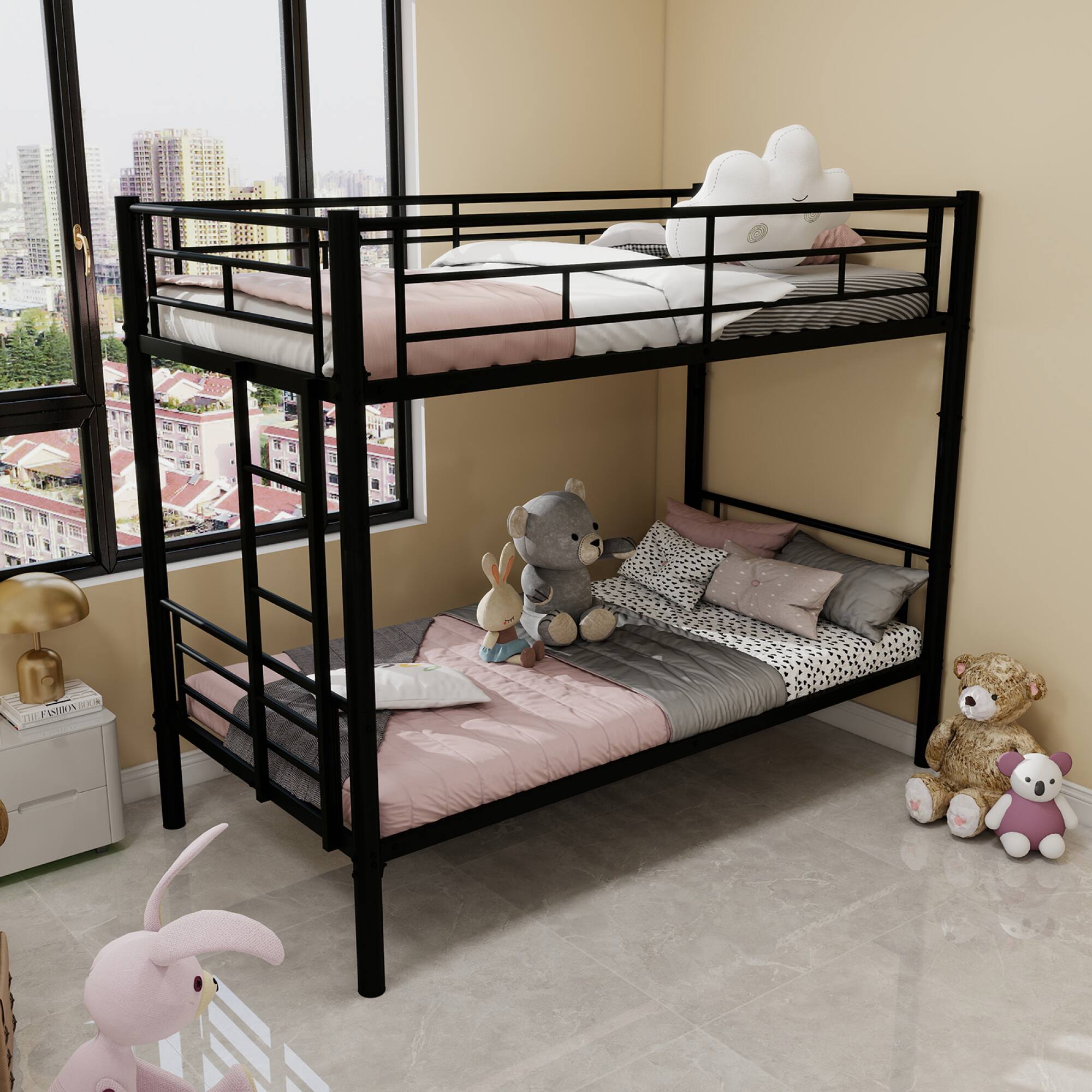 Alt View 8. GOODSILO - Twin Over Twin Metal Bunk Bed Frame with Ladder and Guardrail for Kids, Convertible to Two Separate Beds - Black.