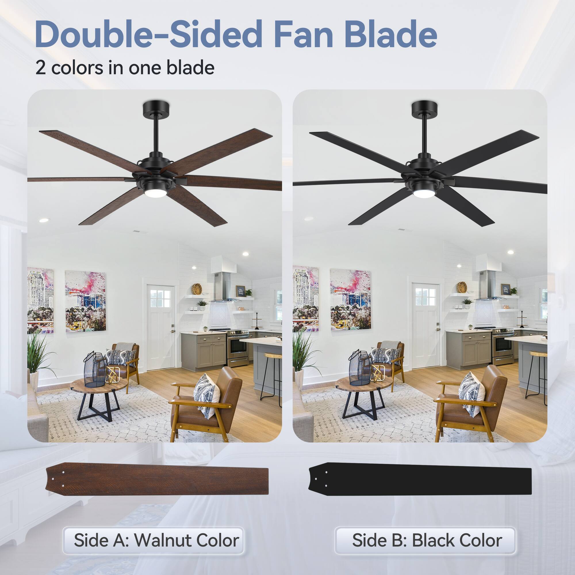 Double-Sided Fan Blade 2 colors in one blade
Side A: Walnut Color
Side B: Black Color