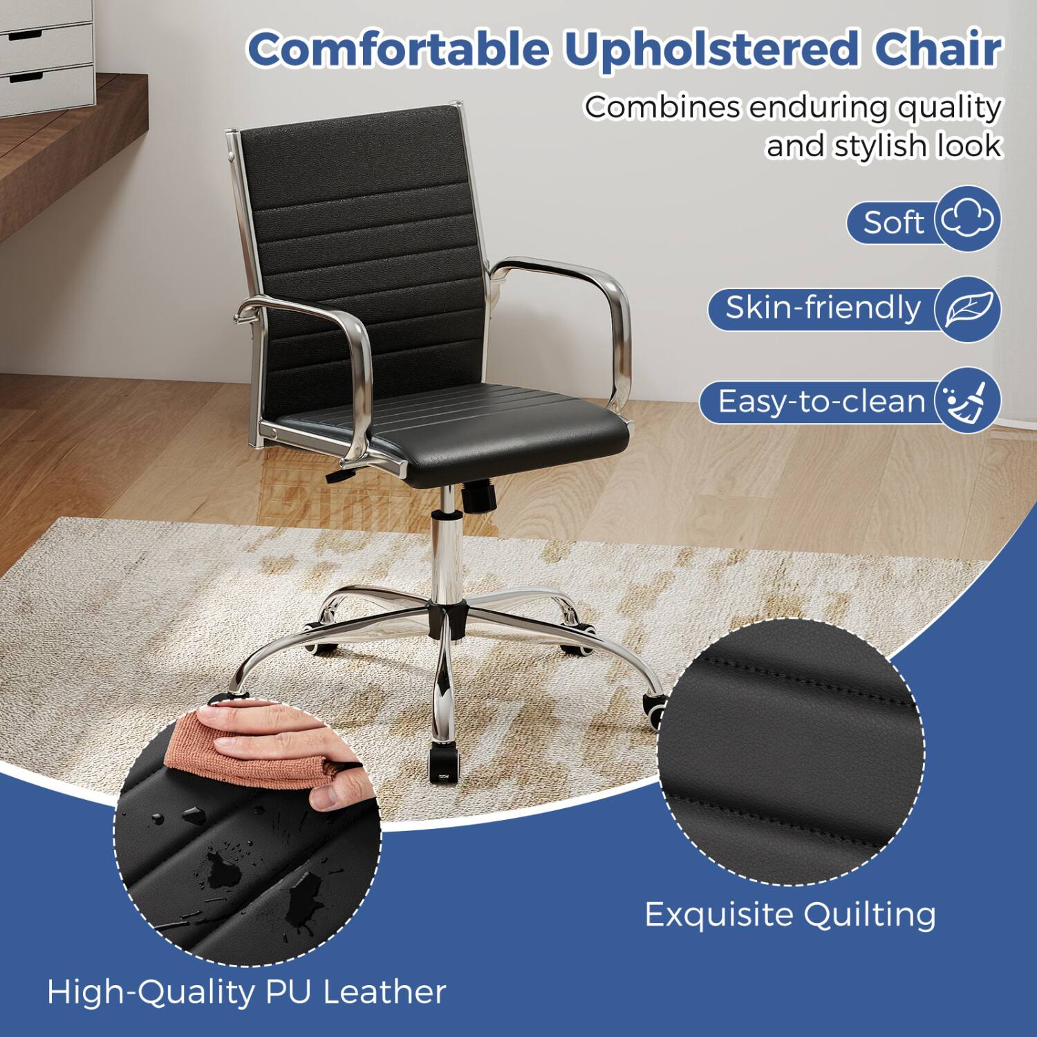 Comfortable Upholstered Chair Combines enduring quality and stylish look

- Soft
- Skin-friendly
- Easy-to-clean
- Exquisite Quilting
- High-Quality PU Leather
