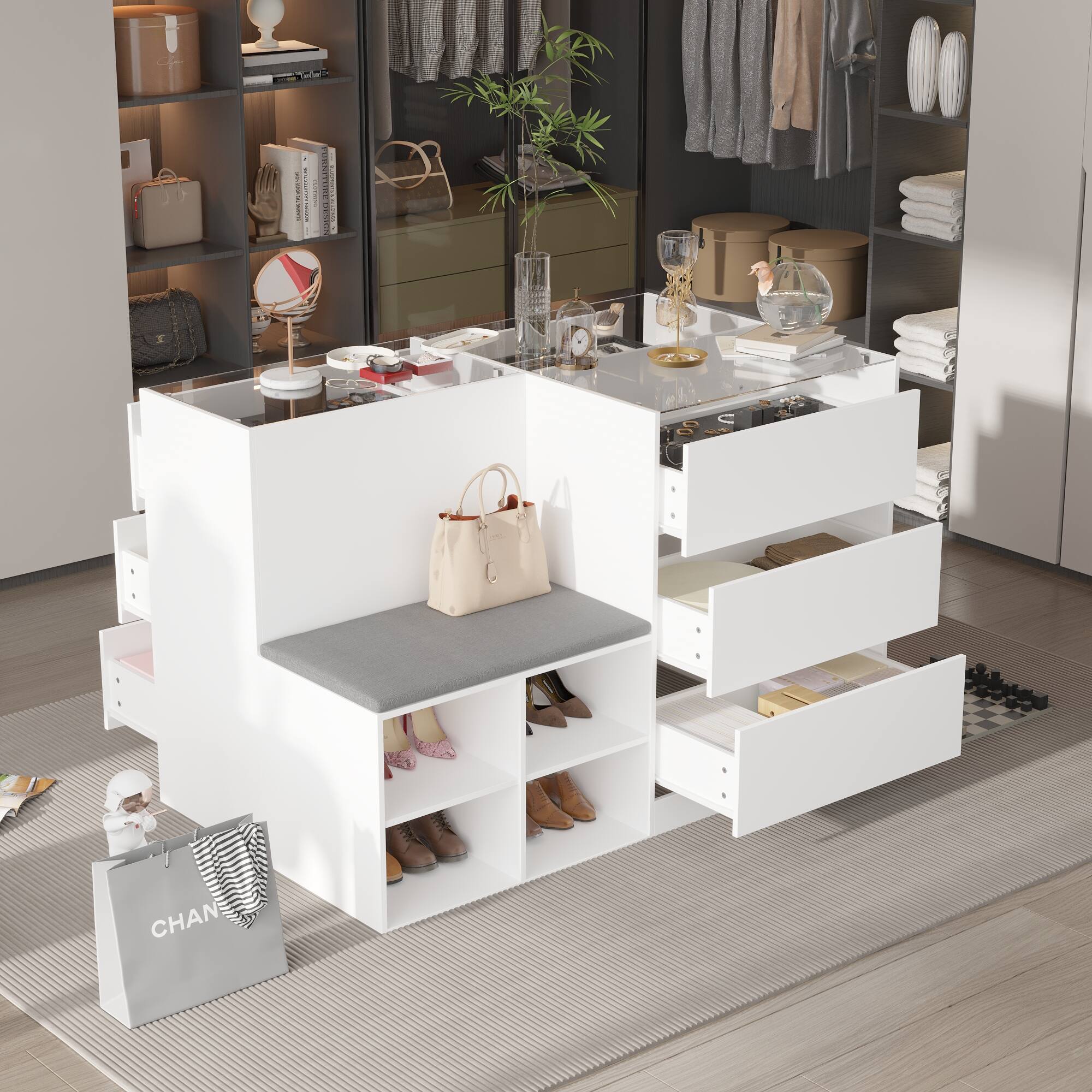 Alt View 7. FUFU & GAGA - Entryway Shoe Bench with Storage Drawers and Display Shelf Multifunctional Organizer for Living Room or Closet - White.