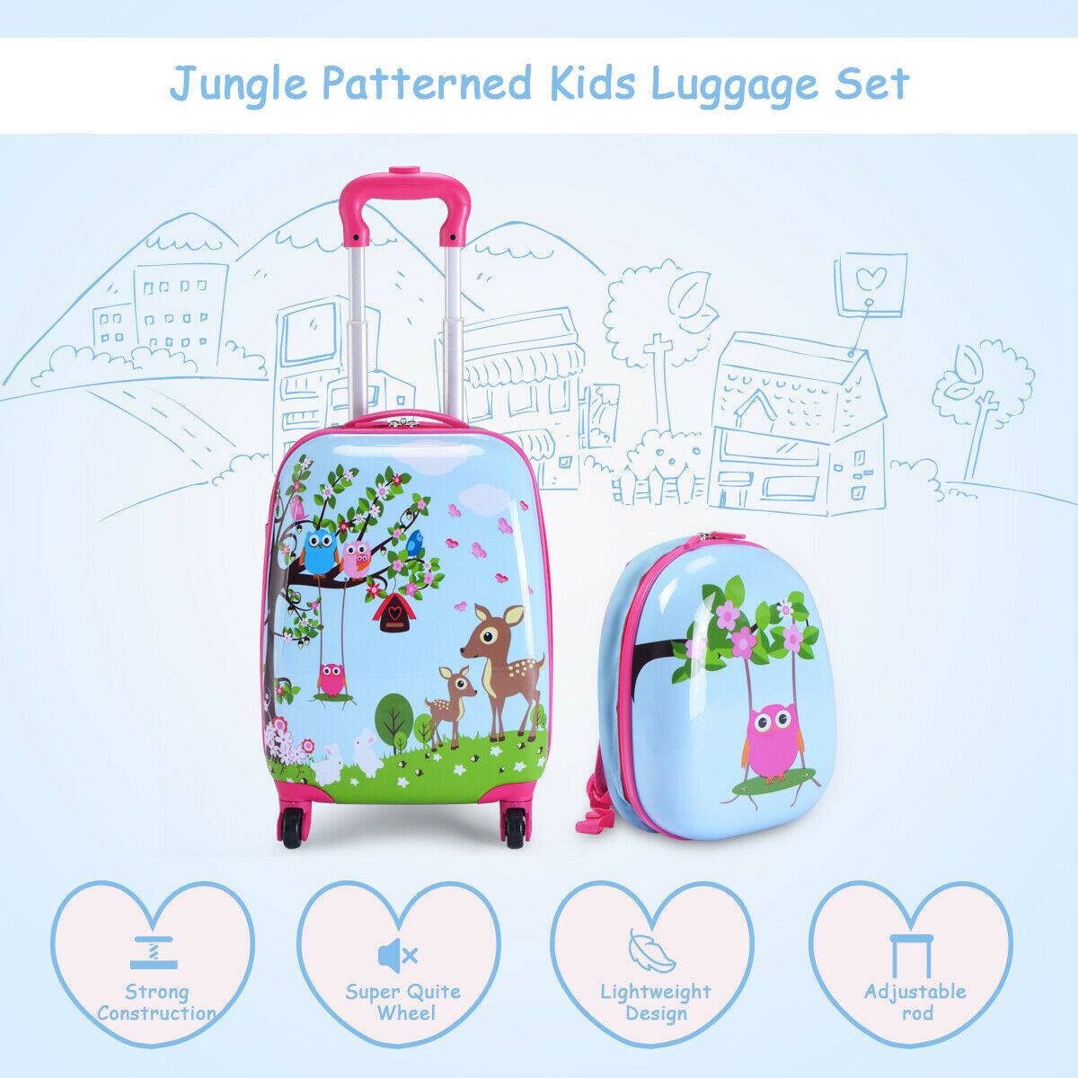 Jungle Patterned Kids Luggage Set: Strong Construction, Super Quiet Wheels, Lightweight Design, Adjustable Rod.