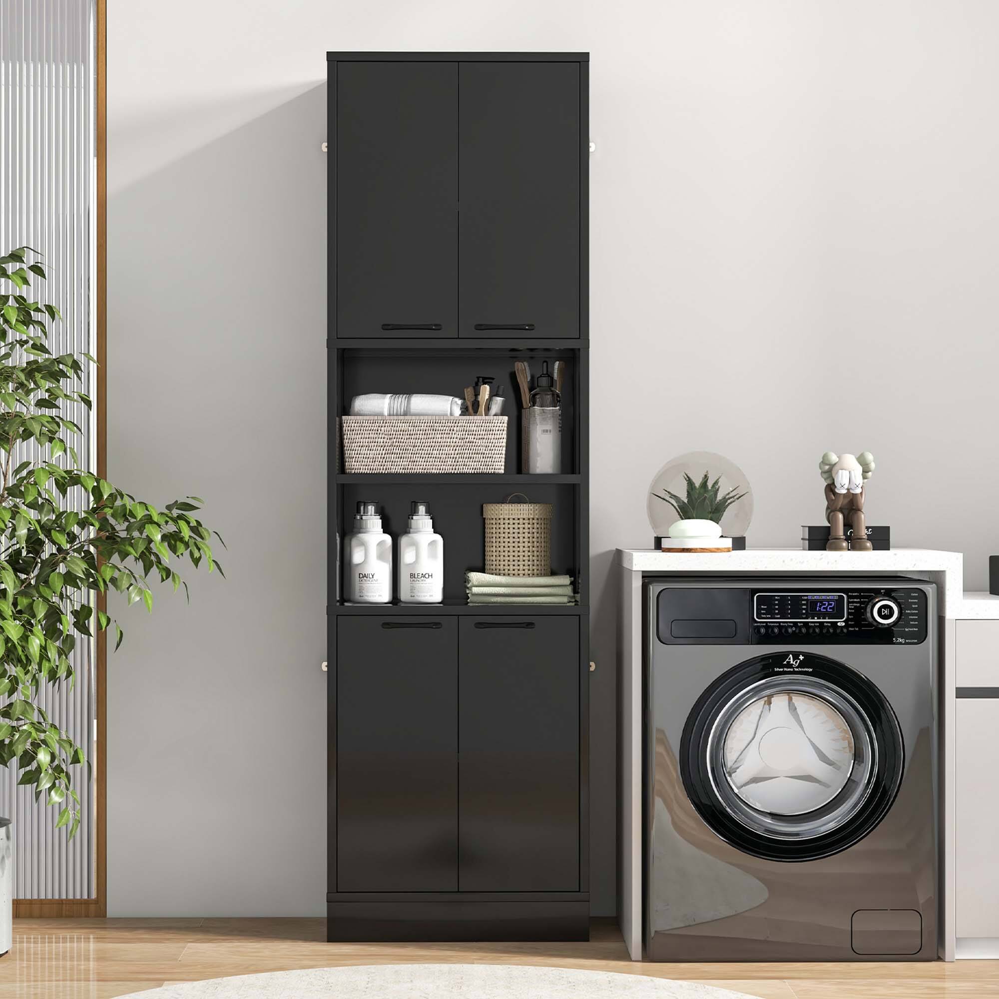 The image features a laundry room with a washing machine and dryer. The washing machine has a digital display, and there is a basket of laundry on top of it. The room also contains a potted plant, a cabinet with shelves, and a dryer. The cabinet has a shelf with a basket of laundry on it, and there is a potted plant nearby. The overall scene is organized and functional, with the laundry room providing a convenient space for doing laundry.