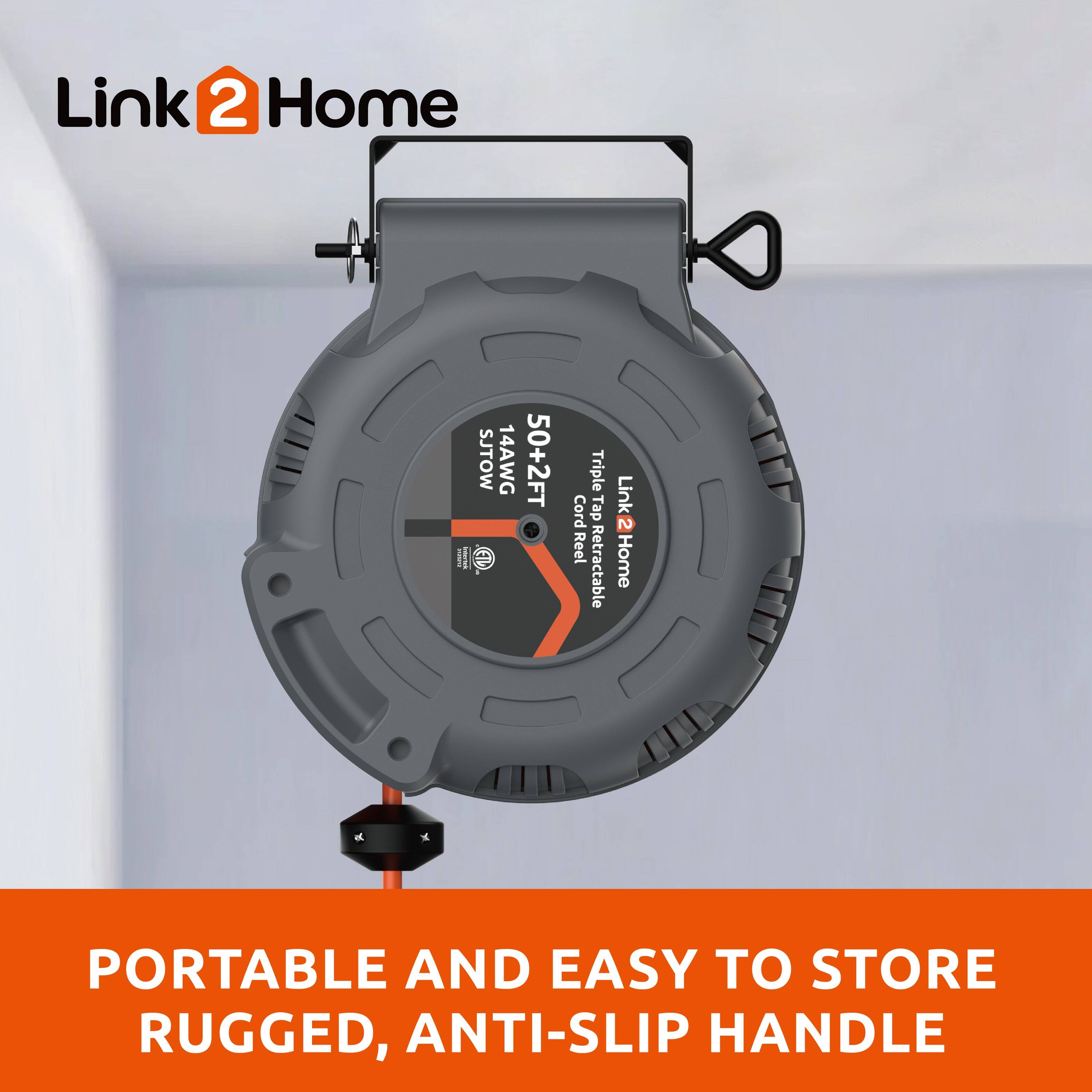 Link 2 Home  
SJTOW 14AWG 50+2FT Triple Cord Tap Reel Retractable  
PORTABLE AND EASY TO STORE  
RUGGED, ANTI-SLIP HANDLE