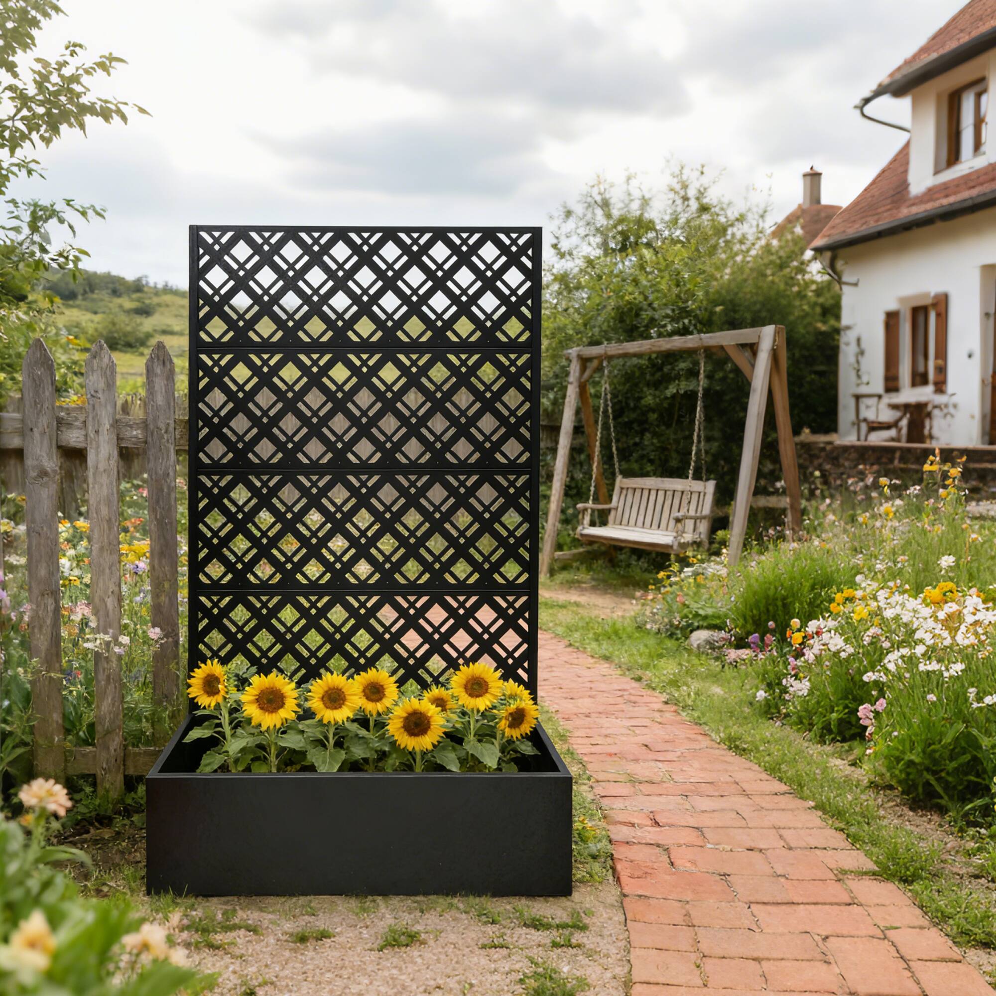 Left. Loheer - Metal Raised Garden Bed with Trellis, 5.9 ft H Planter Box with Drainage for Patio Climbing Plants - Black.
