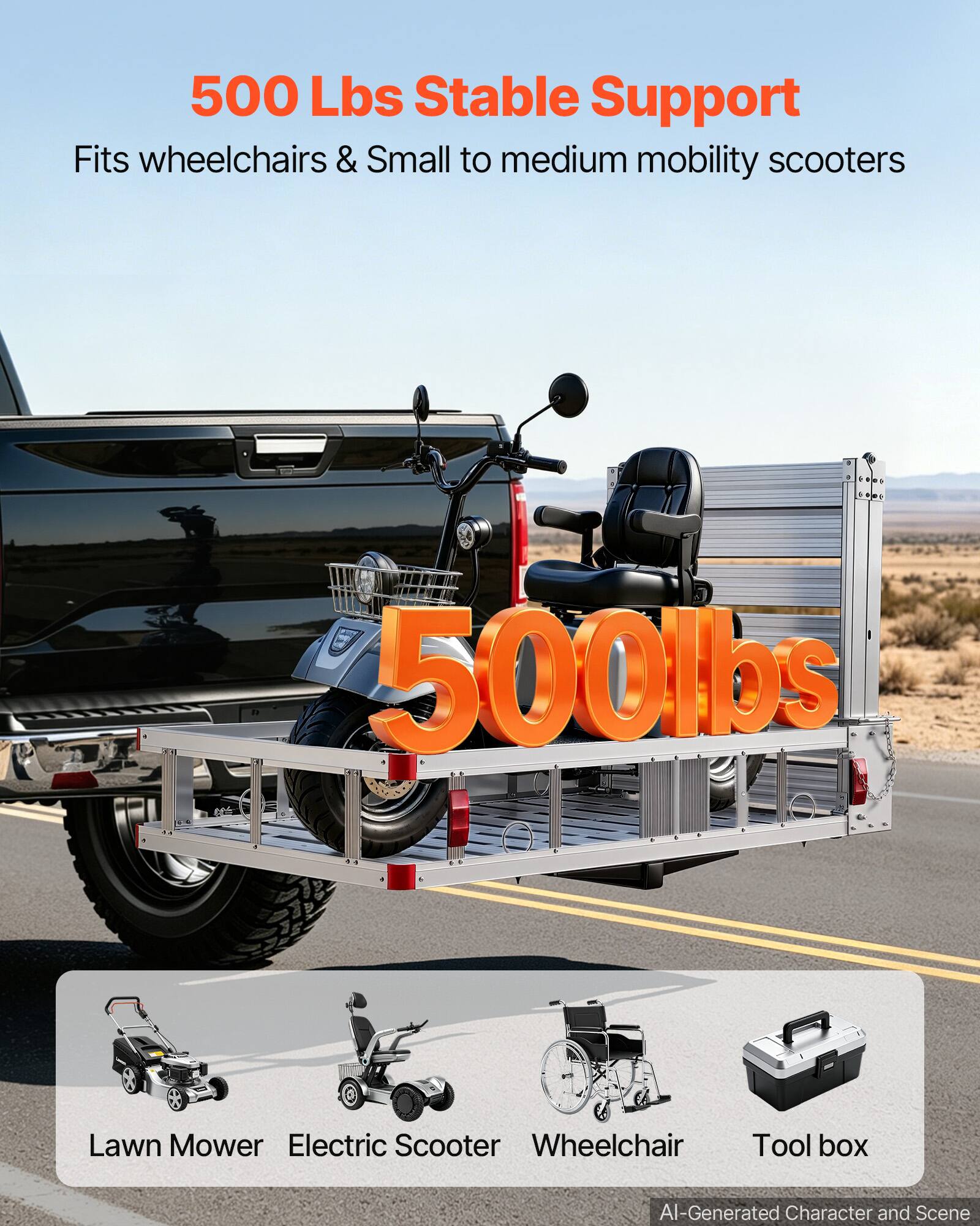 500 Lbs Stable Support  
Fits wheelchairs & Small to medium mobility scooters  
500lbs  
Lawn Mower  
Electric Scooter  
Wheelchair  
Tool box