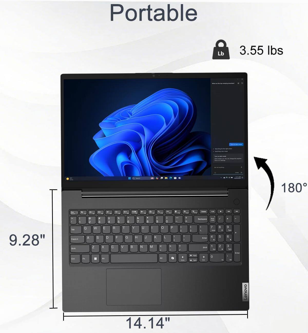 Portable  
3.55 lbs  
9.28"  
180°  
14.14"  
Lenovo