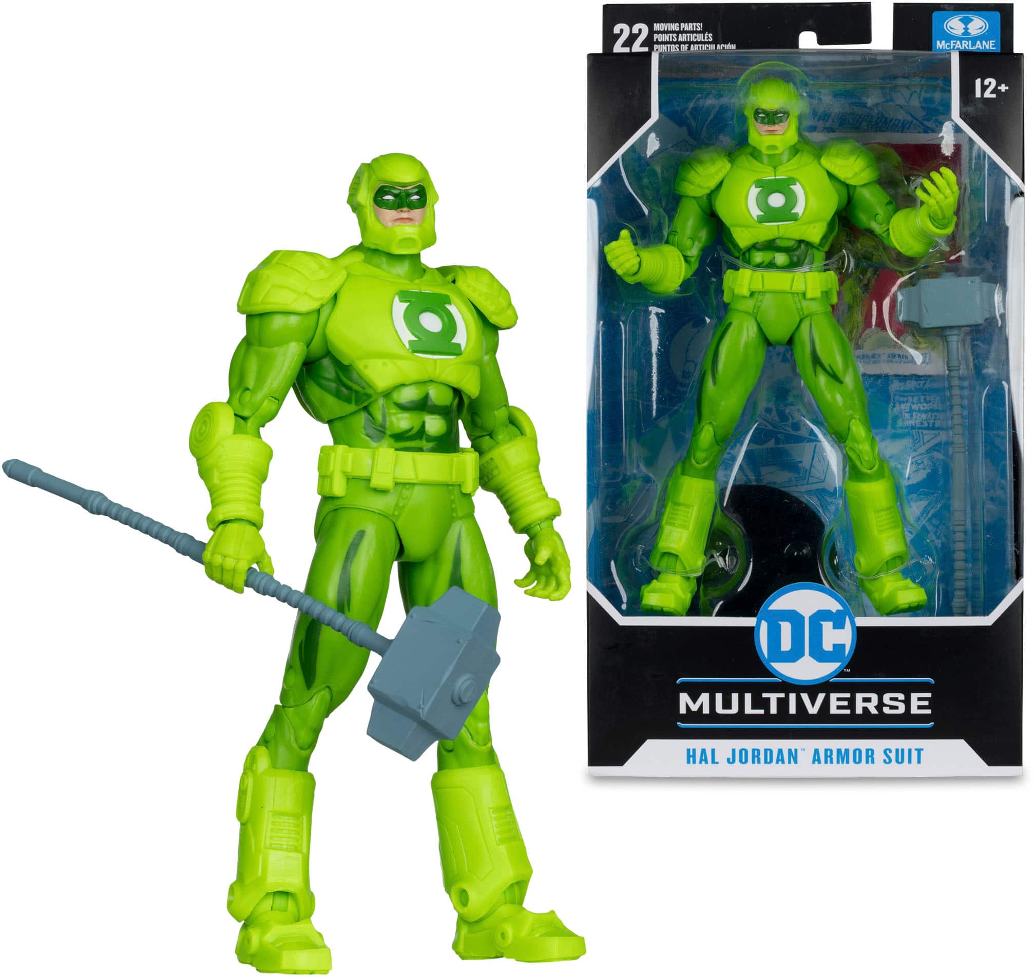 The image features a green action figure of a superhero, possibly Hal Jordan, wearing a green armor suit. The figure is holding a hammer and is posed in a dynamic stance. The action figure is part of the DC Multiverse line and has 22 points of articulation. The figure is displayed in a box, showcasing its impressive design and detail.