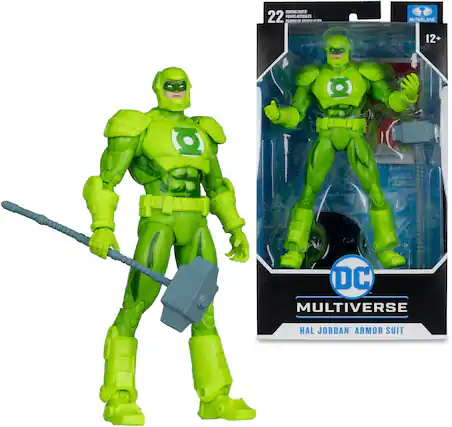 The image features a green action figure of a superhero, possibly Hal Jordan, wearing a green armor suit. The figure is holding a hammer and is posed in a dynamic stance. The action figure is part of the DC Multiverse line and has 22 points of articulation. The figure is displayed in a box, showcasing its impressive design and detail.