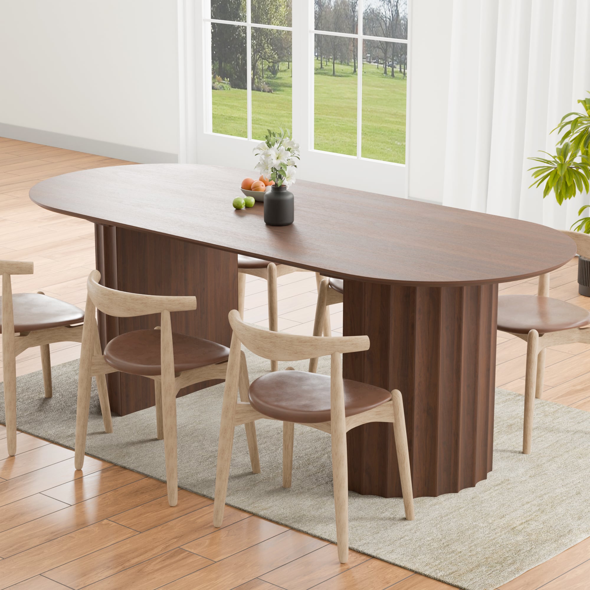 Lirago - 79" Oval Dining Table Engineered Wood with Curved Legs for 6-8 People Casual Formal Dining Kitchen Living Room - Brown