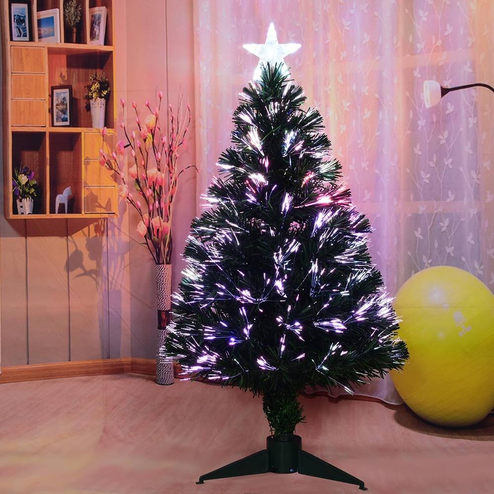Left. RTMB - 3ft Fiber Optic Green Christmas Tree with Stand and Pre-Lit Star - 3ft Green.