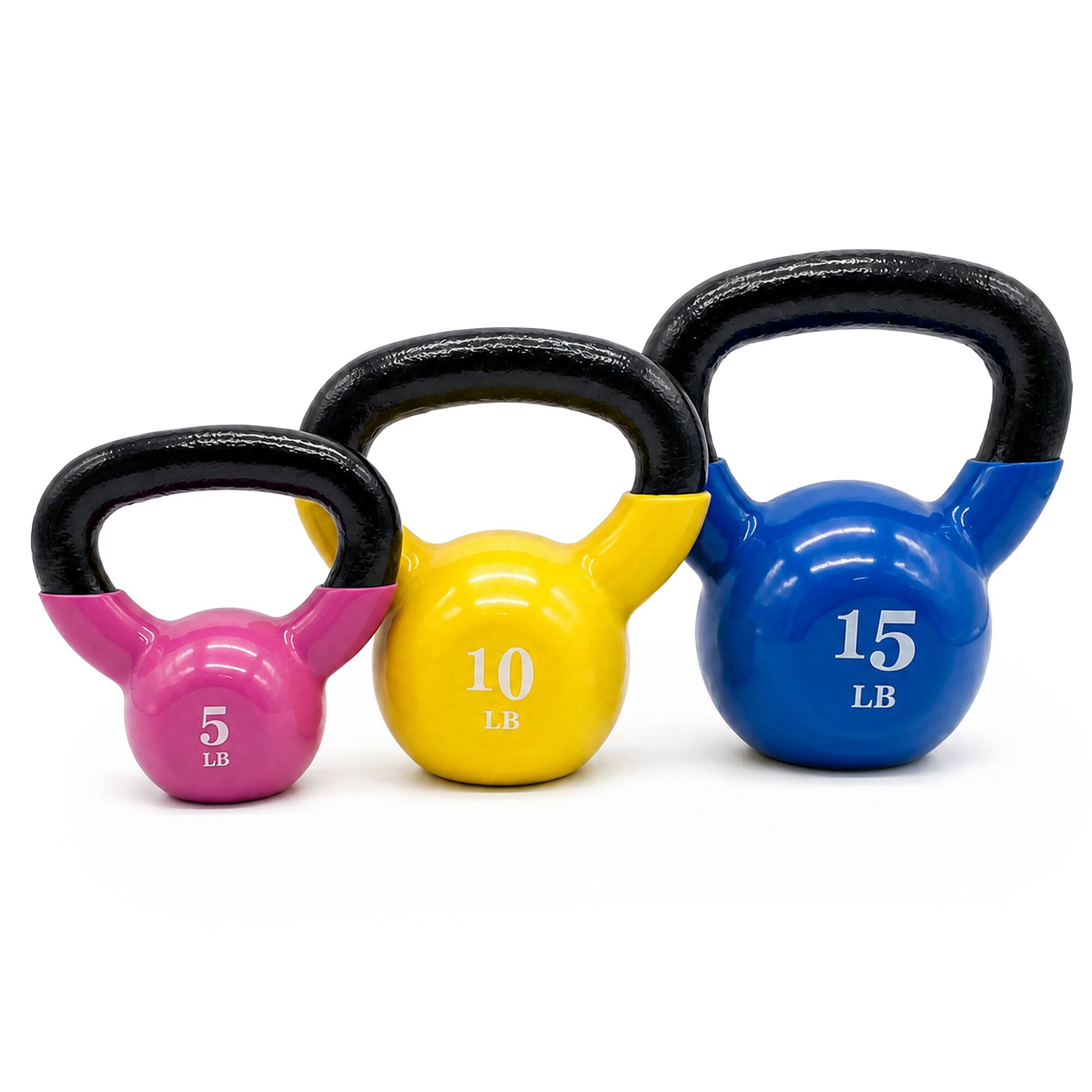 Front. Fitvids - Fitvids Vinyl-Coated Kettlebell Weights, Set of 5, 10, and 15 lb, Multicolor - Pink, Yellow, and Blue.