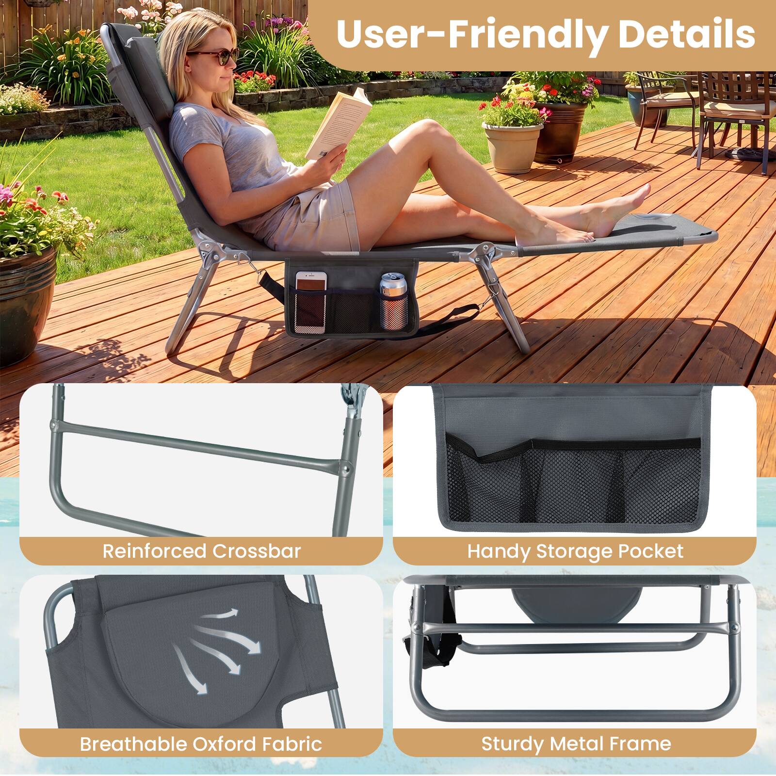 User-Friendly Details

- Reinforced Crossbar
- Handy Storage Pocket
- Breathable Oxford Fabric
- Sturdy Metal Frame