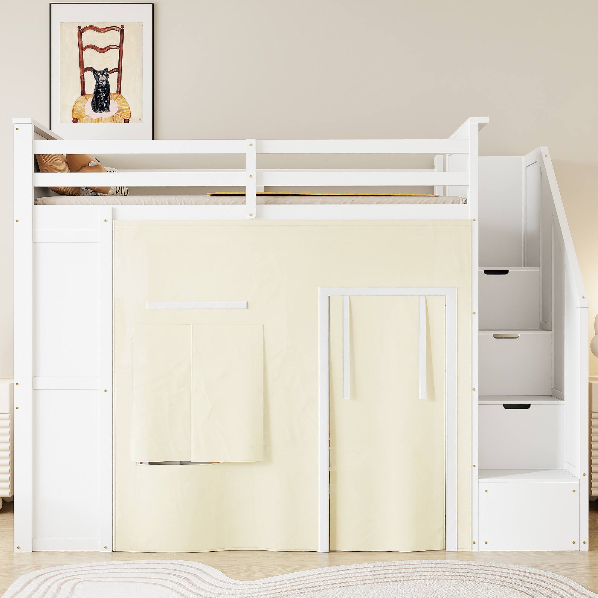 Angle. Whisen - Twin Size Loft Bed with Desk, Storage Staircase, Drawers & Privacy Curtain for Kids Bedroom - White.