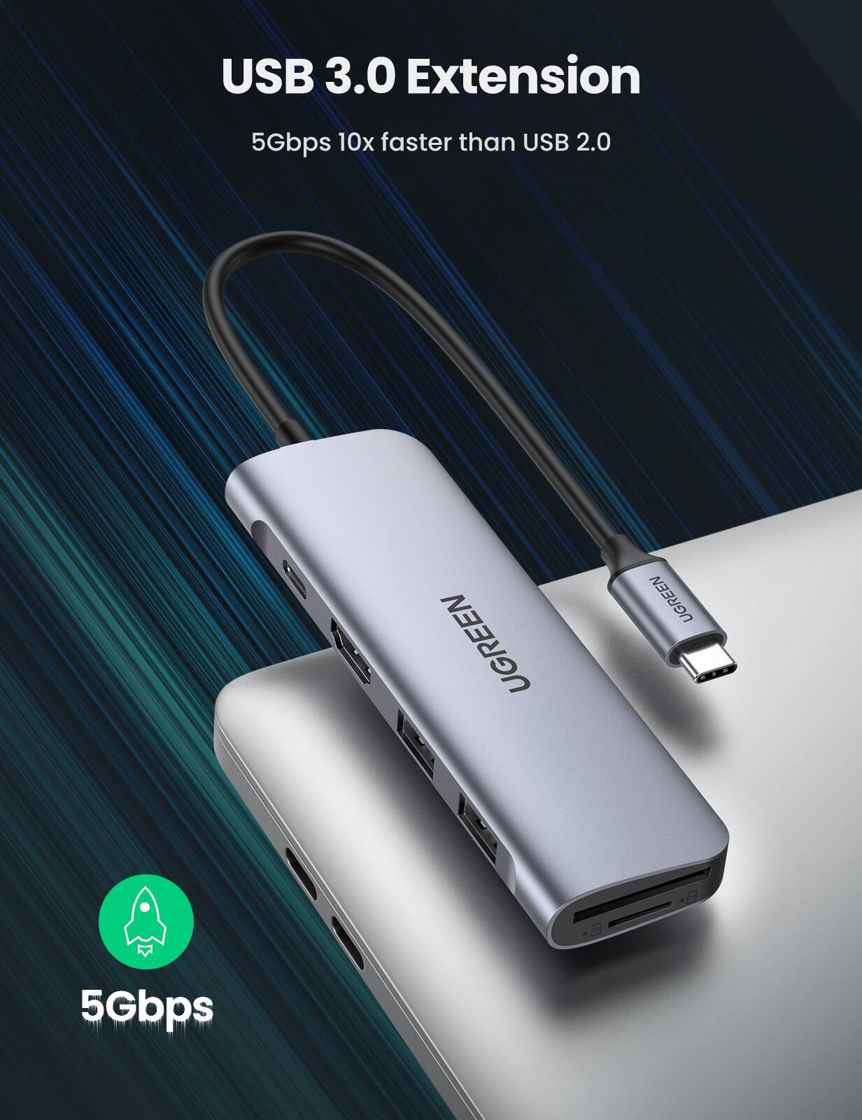 USB 3.0 Extension  
5Gbps 10x faster than USB 2.0  

UGREEN  
5Gbps