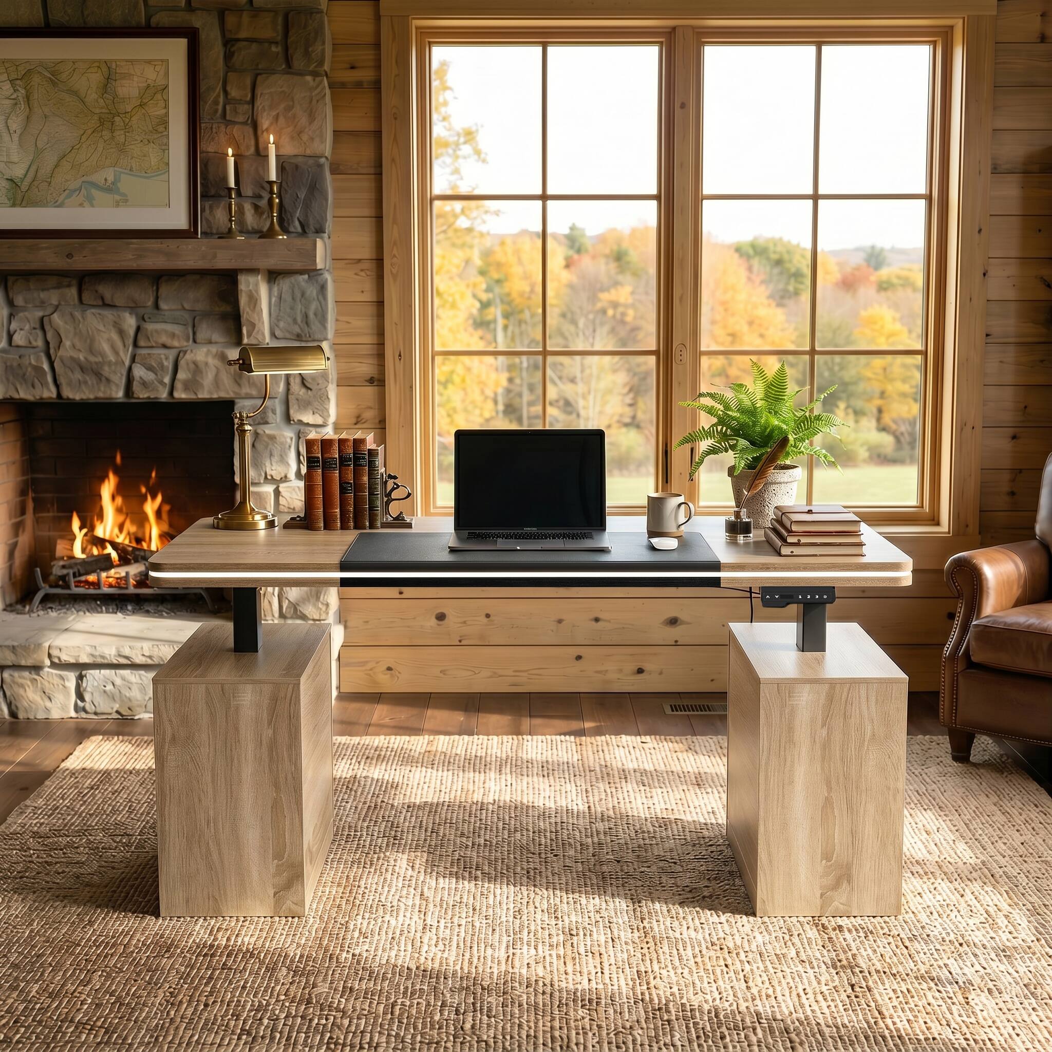 Angle. Famapy - Electric Height Adjustable Desk with RGB Light & Dual Storage –Swappable Cabinets,2AC+3USB Outlet,Sit Stand Workstation - Wooden.