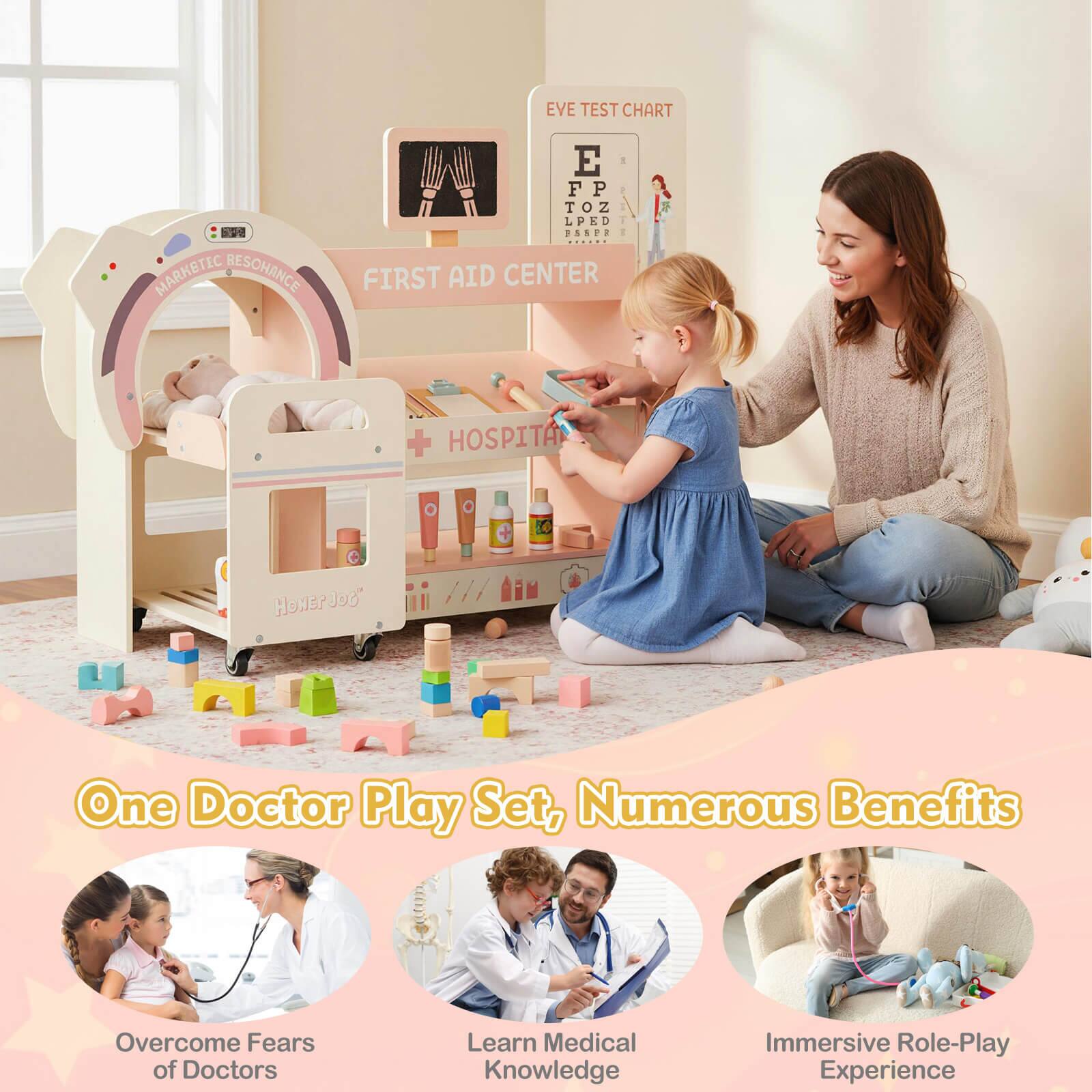 EVE TEST CHART  
MARKETIC RESONANCE  
E FP TOZ LPED ESSPR ...... FIRST AID CENTER  
+ HOSPITAL  
HONER Jot"  

One Doctor Play Set, Numerous Benefits  
Overcome Fears of Doctors  
Learn Medical Knowledge  
Immersive Role-Play Experience