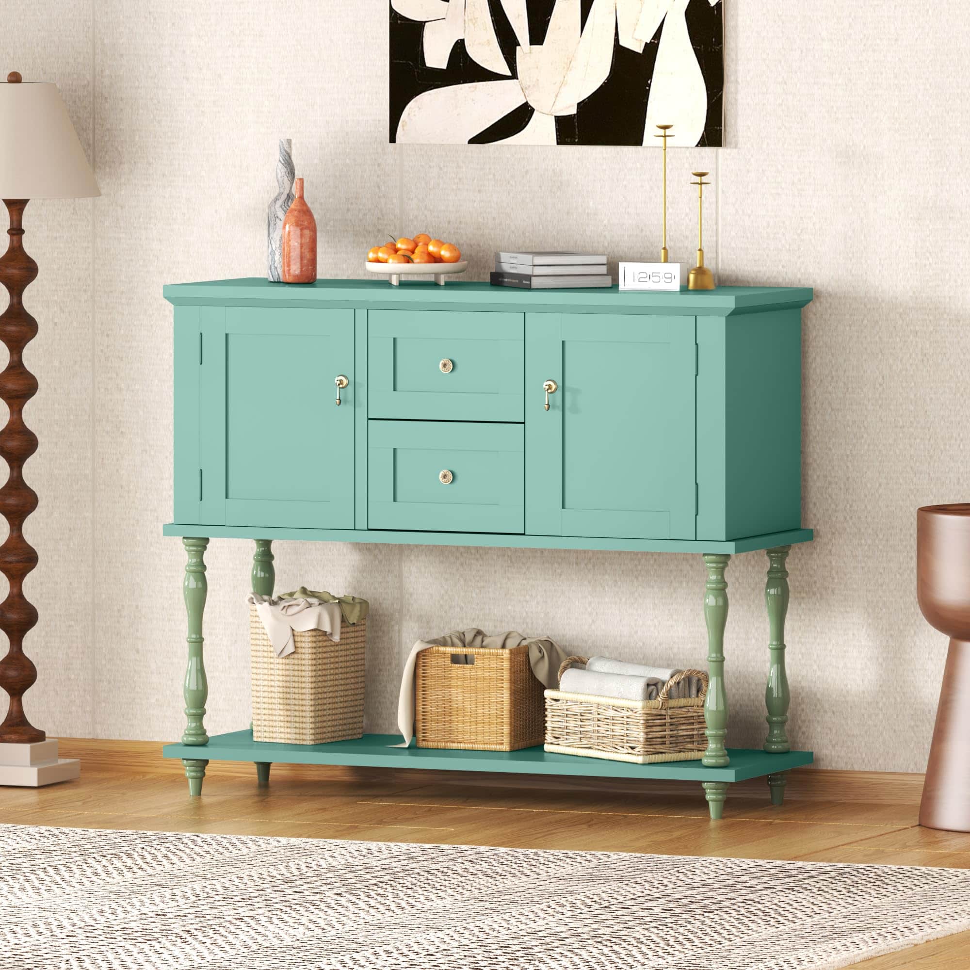 Qeetex - 42" Farmhouse Console Table with 2 Drawers & 2 Doors, Wood Entryway Table with Storage Shelf, TV Stand for Living Room - Green