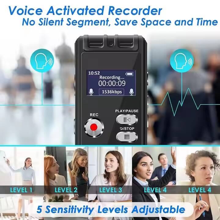 Voice Activated Recorder  
No Silent Segment, Save Space and Time  

10:52 Recording...  
00:00:09  
1536kbps  

REC PLAY/PAUSE  
STOP  

LEVEL 1  
LEVEL 2  
LEVEL 3  
LEVEL 4  
LEVEL 4  

5 Sensitivity Levels Adjustable