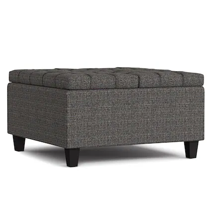 Front. Simpli Home - Harrison 30 inch Wide Small Square Coffee Table Storage Ottoman in Ebony Polyester Tweed - Ebony Tweed.