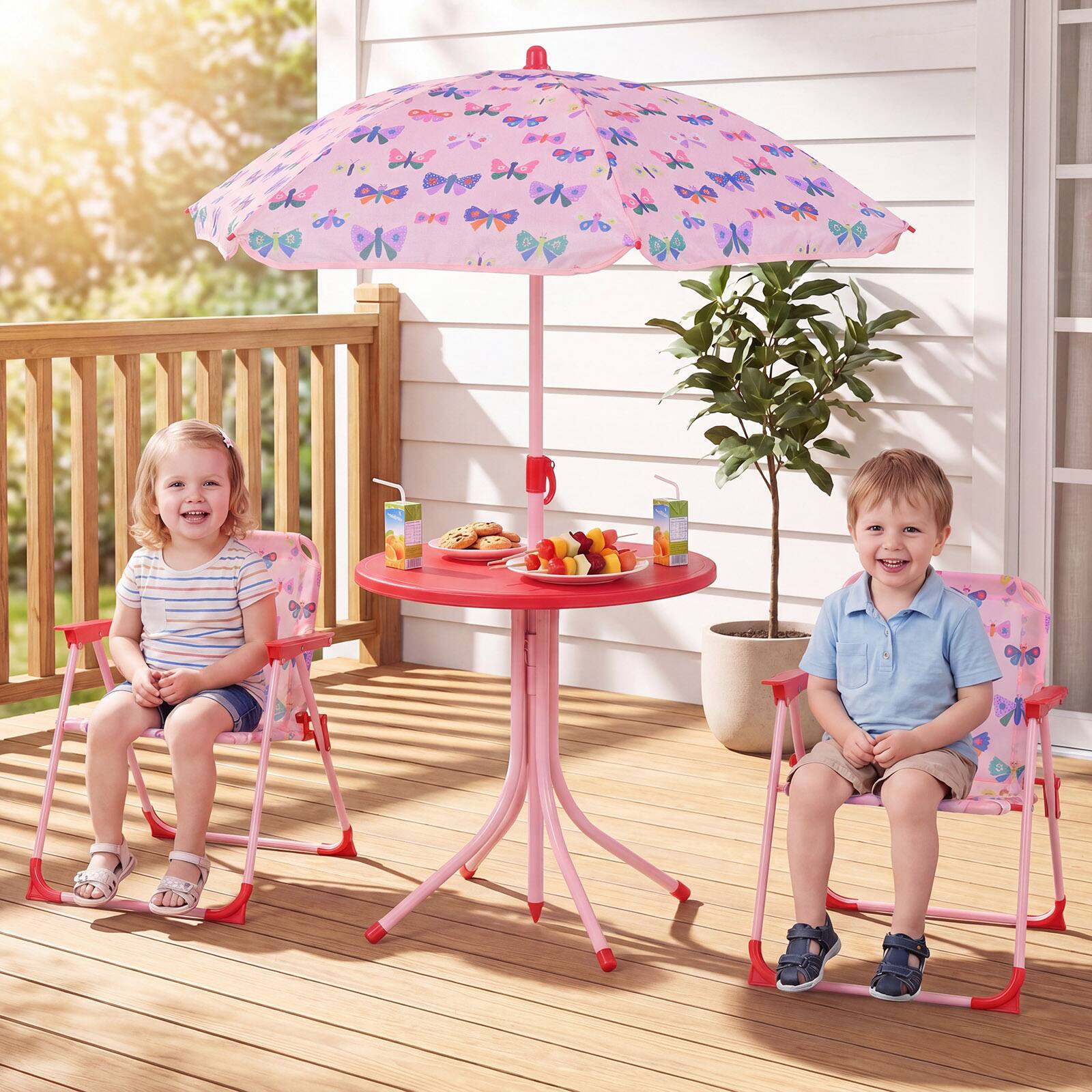 Alt View 1. Gymax - Gymax Kids Picnic Table Outdoor Table&Chair Set 2 Folding Chairs&Adjustable Umbrella Pink - Pink.