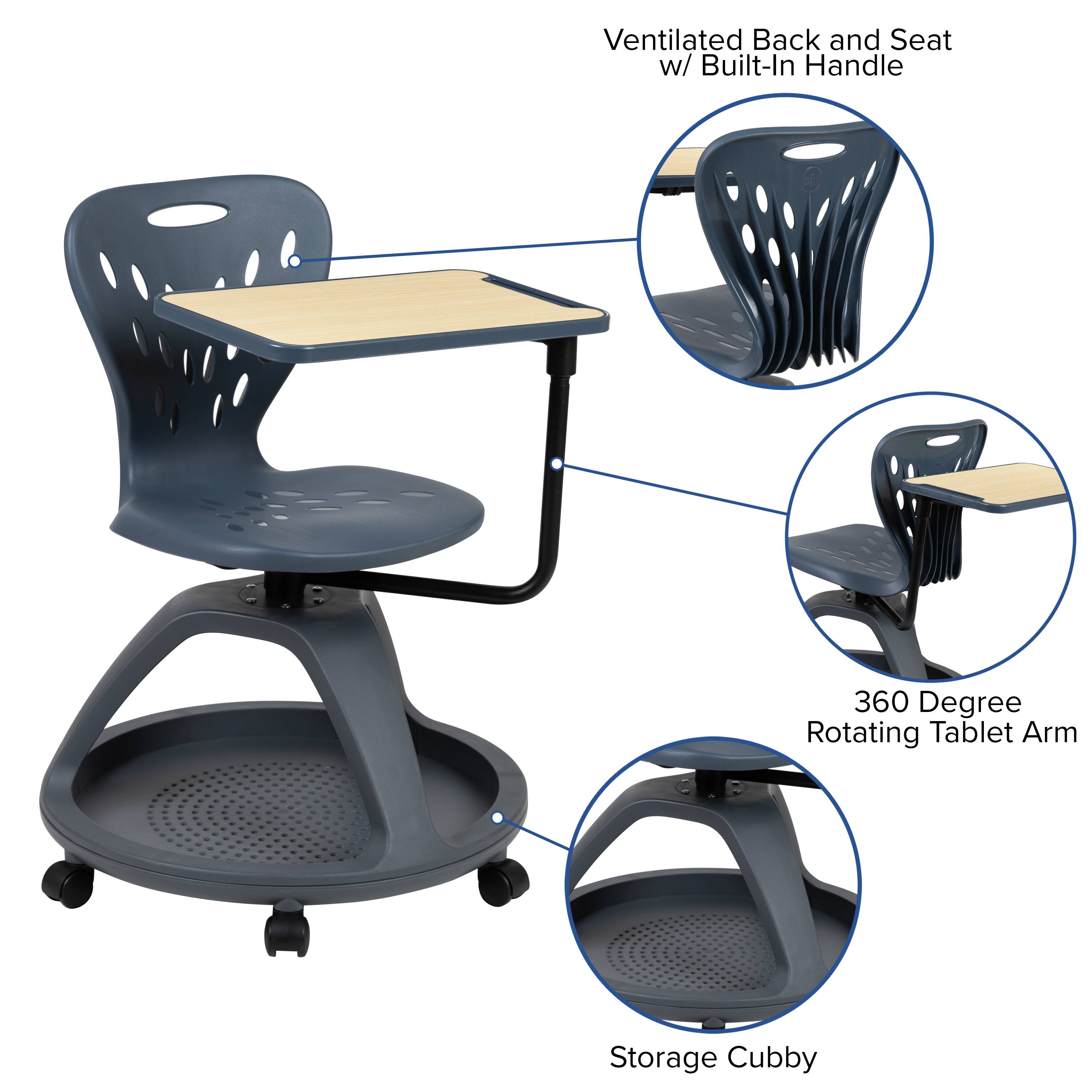 Ventilated Back and Seat w/ Built-In Handle  
360 Degree Rotating Tablet Arm  
Storage Cubby