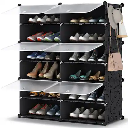 Front. ThinkLink Electronic - Shoe Rack 6 Tier Storage Cabinet 24 Pair Plastic Shelves Organizer For Closet Hallway Bedroom Entryway - Black 2 by 6.