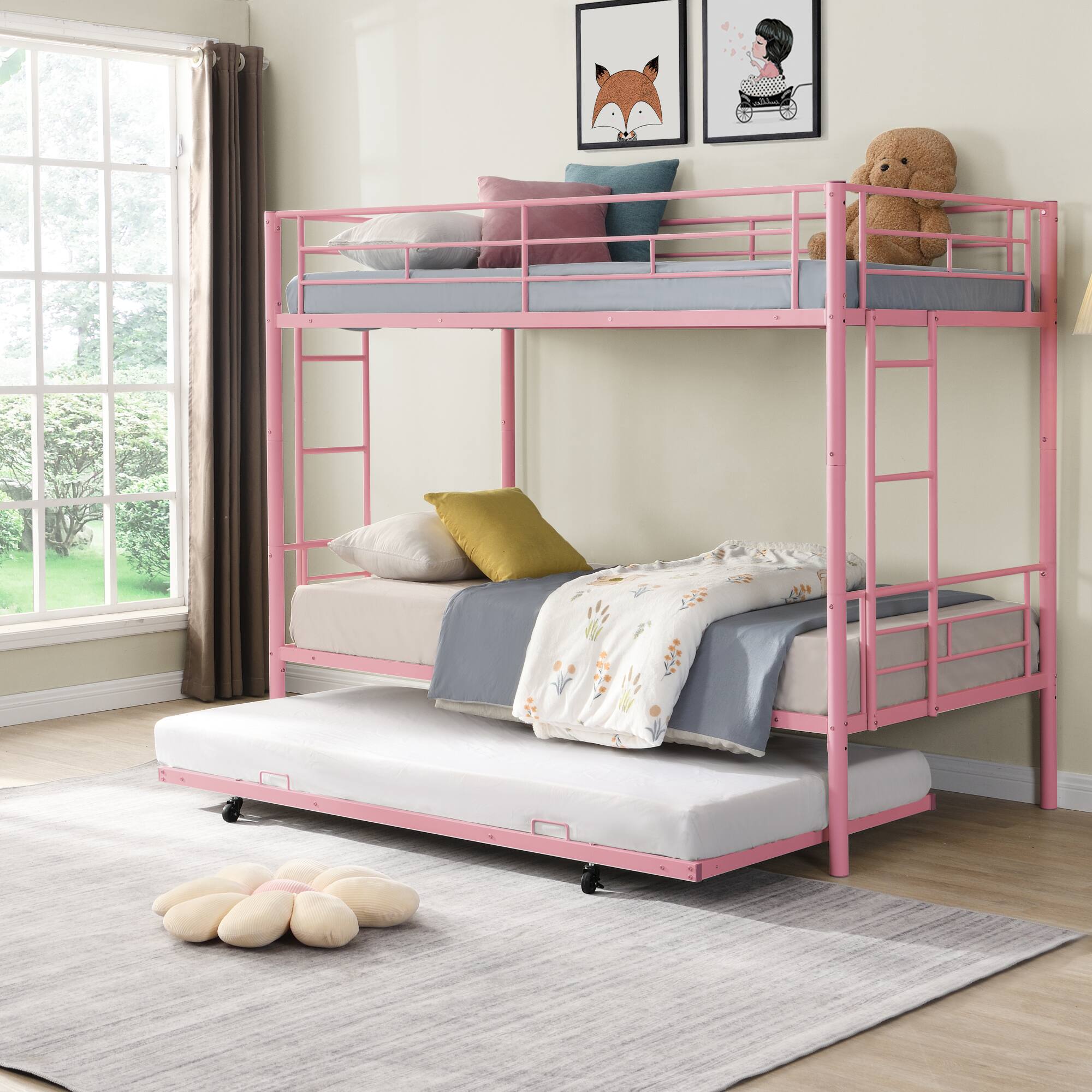 Back. GOODSILO - Modern Metal Bunk Bed with Trundle - Space-Saving Sleeper Solution for Kids and Teens - Pink.