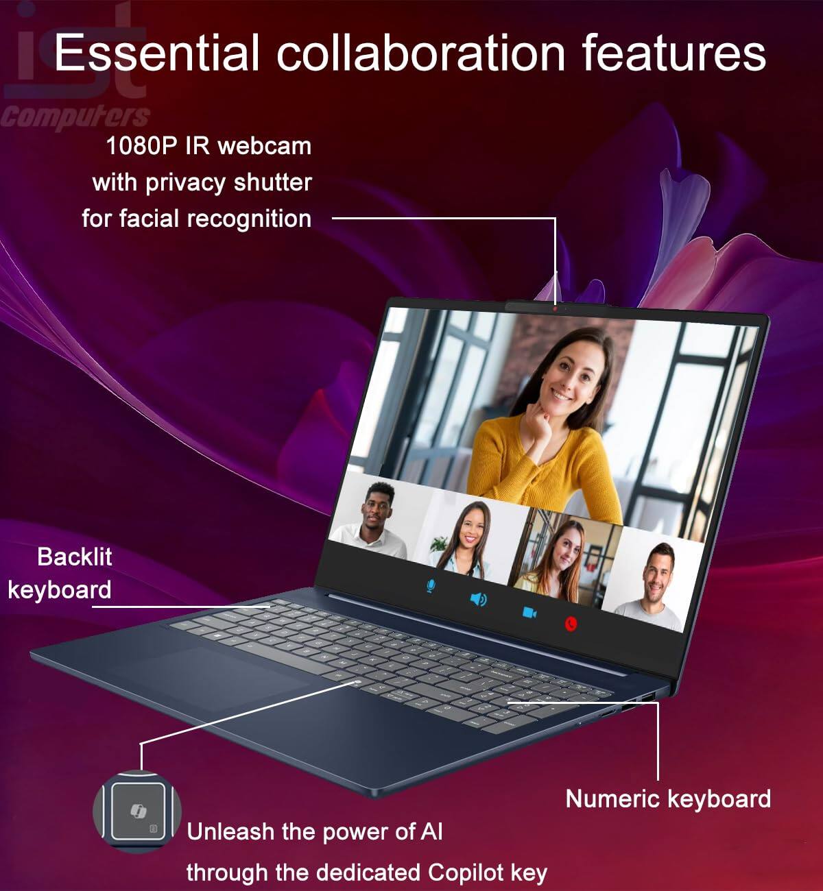 Essential collaboration features

- 1080P IR webcam with privacy shutter for facial recognition
- Backlit keyboard
- Numeric keyboard
- Unleash the power of AI through the dedicated Copilot key
