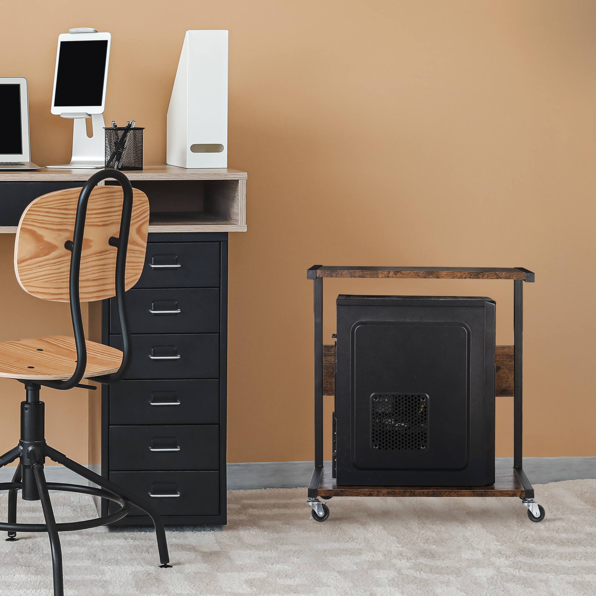 Alt View 1. Oumilen - Rustic C-Shaped Rolling CPU Stand with 2-Tier Storage - OBBY-SUM221.
