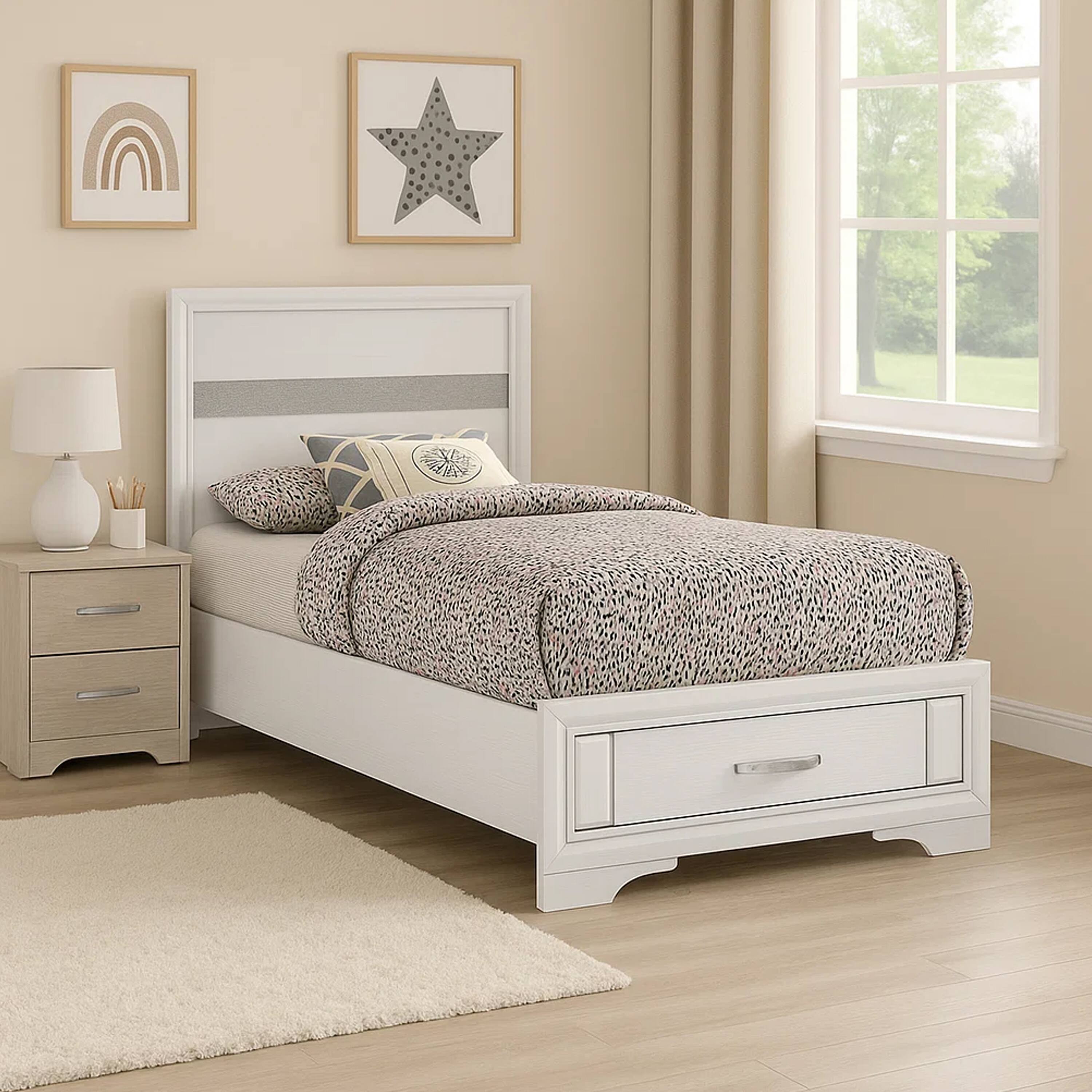Alt View 5. Manhattan Lane - Vino Twin Size Panel Bed with 2 Storage Drawers, Acrylic Glitter - White, Silver.