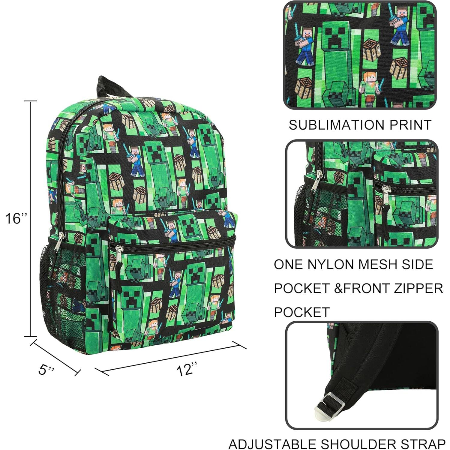 SUBLIMATION PRINT  
16"  
ONE NYLON MESH SIDE POCKET & FRONT ZIPPER POCKET  
5" x 12"  
ADJUSTABLE SHOULDER STRAP