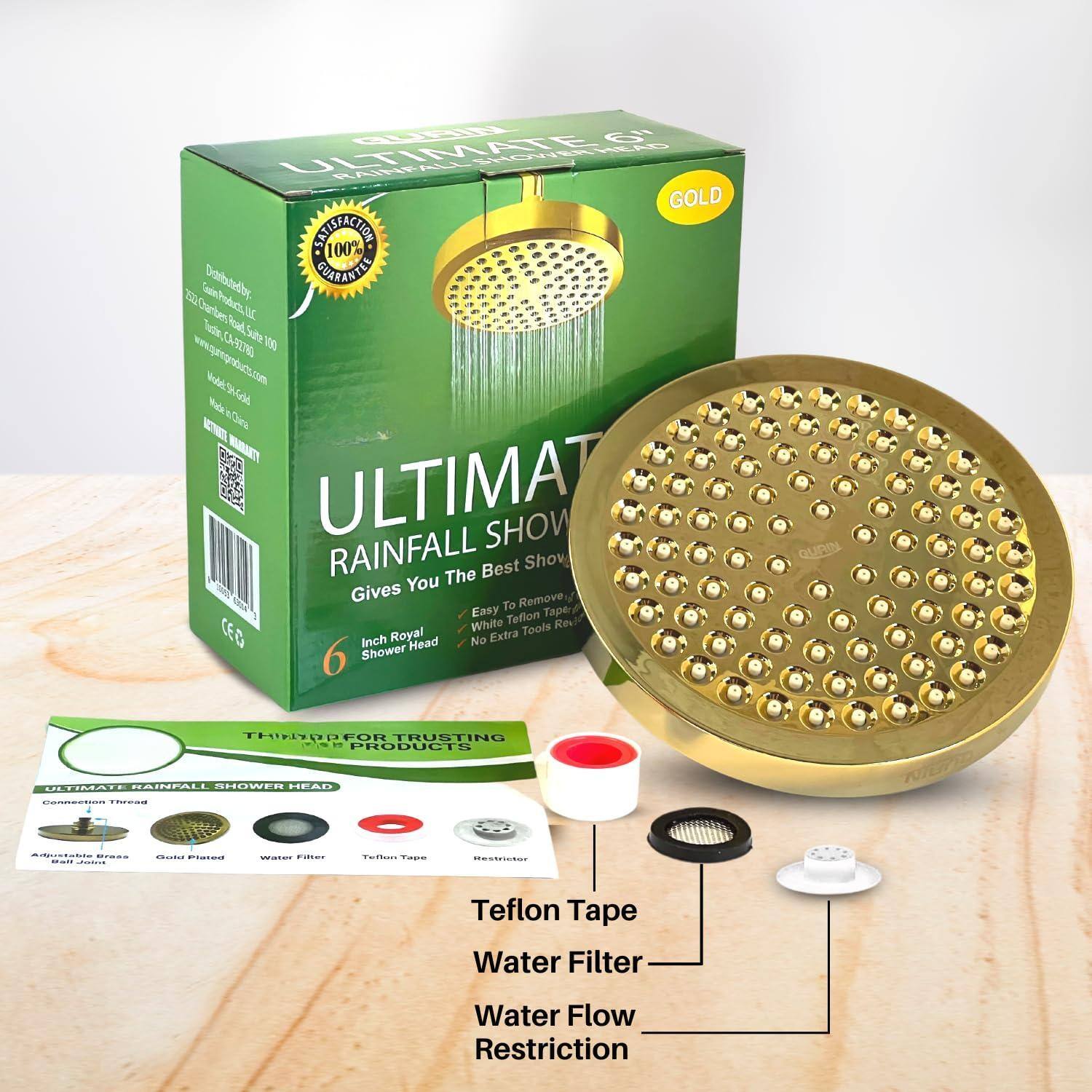 **Ultimate Rainfall Shower**

- **6" Ultimate Rainfall Shower Head**
- **Gives You The Best Show**
  - Easy to Remove
  - White Teflon Tape
  - No Extra Tools Required
- **6 Inch Royal Shower Head**
- **100% Satisfaction Guaranteed**
- **Teflon Tape**
- **Water Filter**
- **Water Flow Restriction**
- **Connection Thread**
- **Ball Joint**
- **Oval Fluted**
- **Restrictor**

**Ultimate Rainfall Shower Head**

**Teflon Tape**
**Water Filter**
**Water Flow Restriction**

**For Trusting Products**