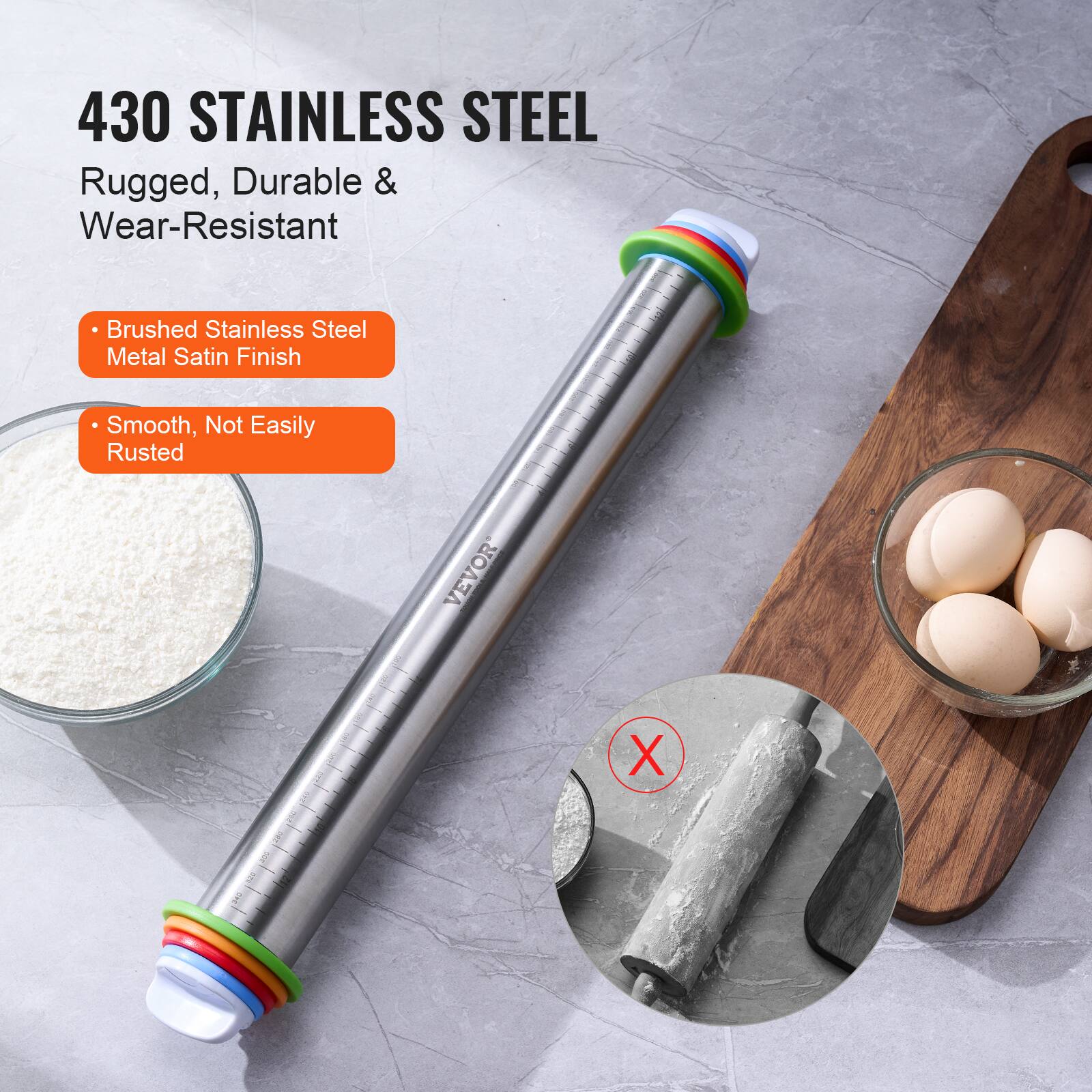 VEVOR Adjustable Rolling Pin with Thickness Rings and Baking Mat Set - Thumbnail 2
