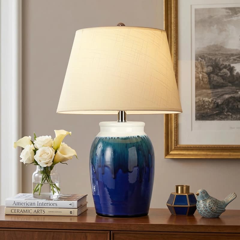 partphoner - Blue Drip Glaze Ceramic Table Lamp, Jar Style Nightstand Lamp with Beige Fabric Lampshade - Deep blue