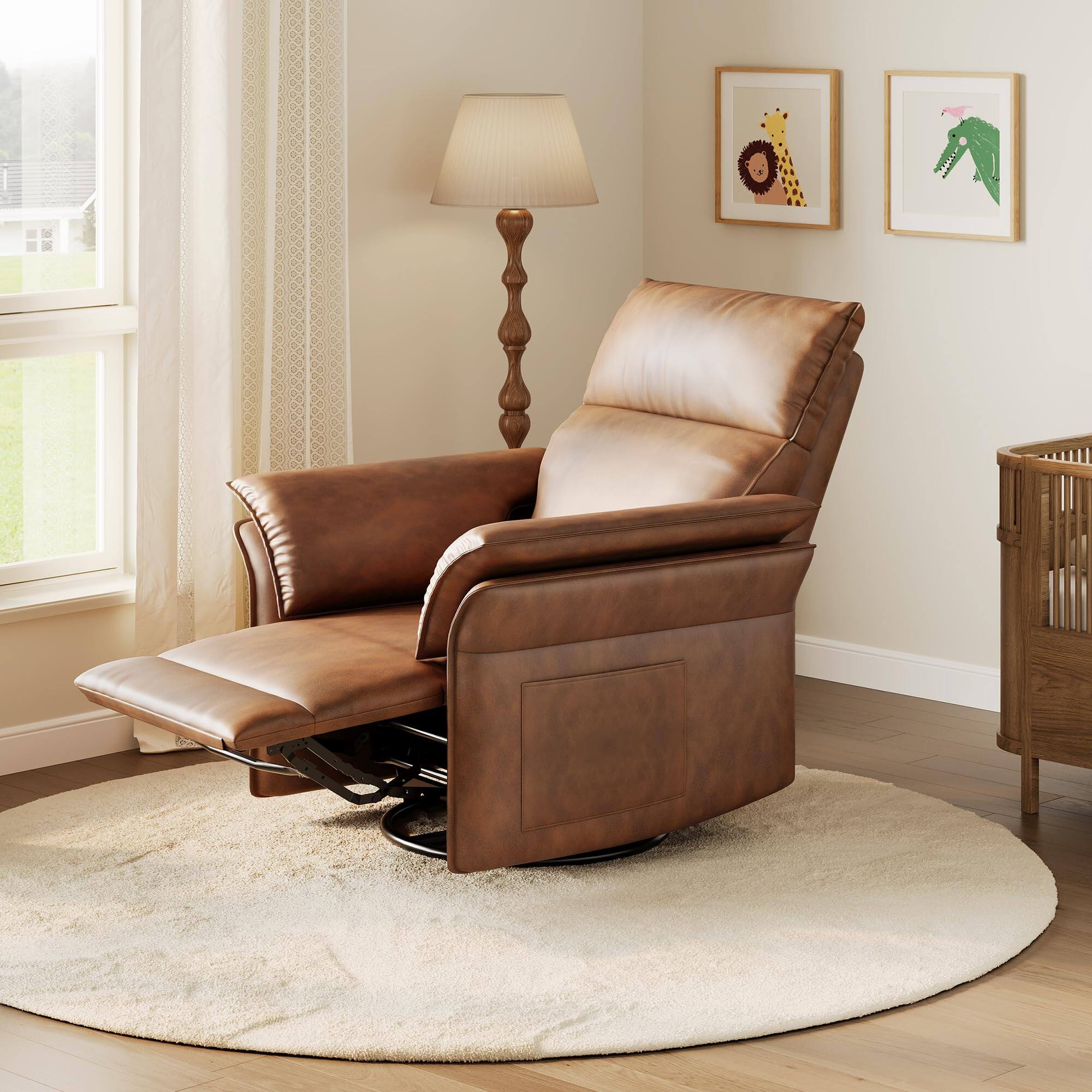 Left. Homhougo - Power Recliner Chair Swivel Glider, Upholstered Faux Leather Nursery Reclining Sofa Chair with Charging Port - Brown.
