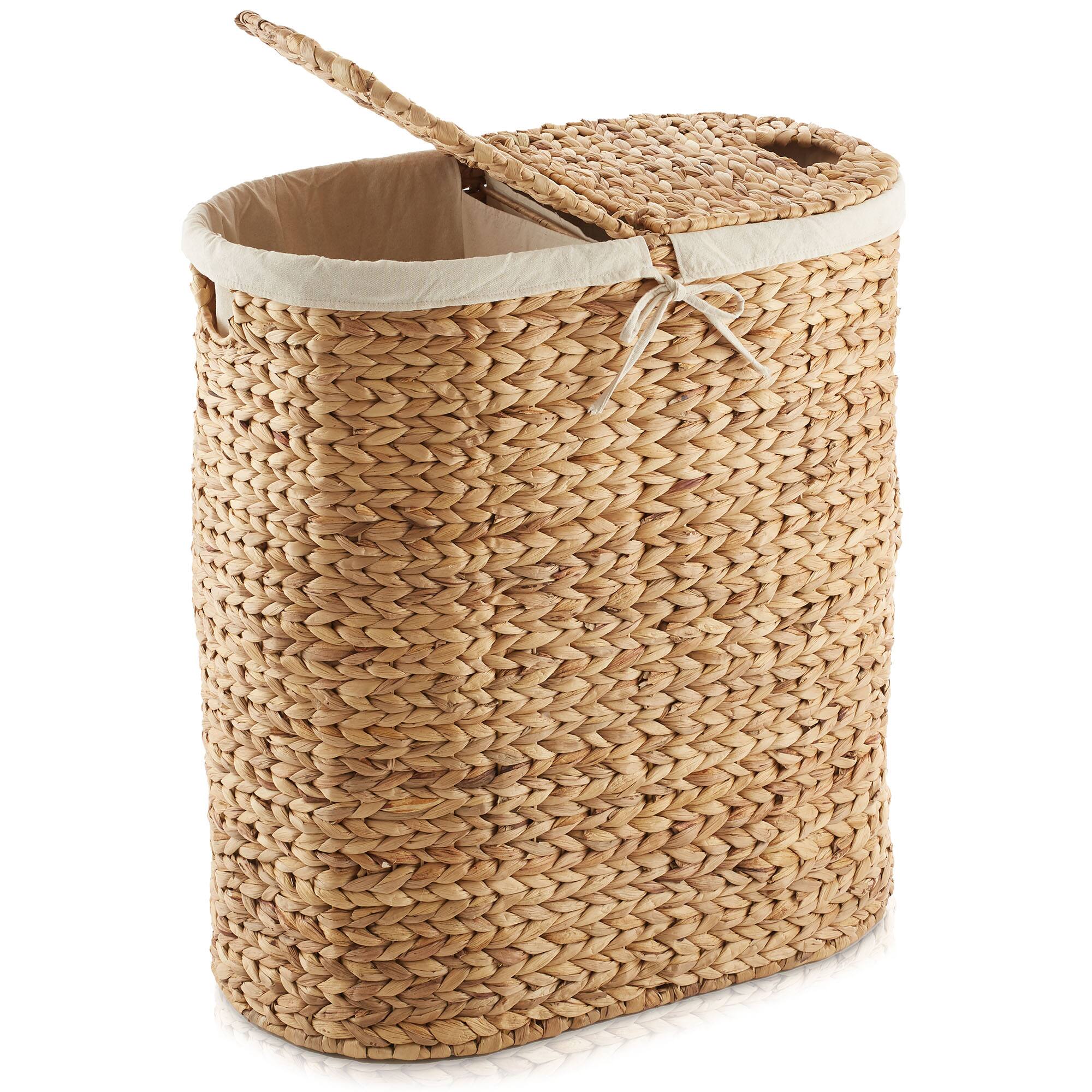 Front. Casafield - 2-Section Oval Laundry Hamper Basket w Lids and Liner Bags for Clothes - Natural.