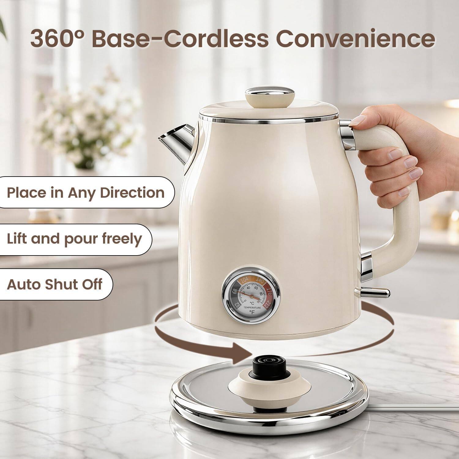360° Base-Cordless Convenience  
Place in Any Direction  
Lift and pour freely  
Auto Shut Off  

104 140 0g 5g 68 176 = C 212 32 TEMPERATURE F