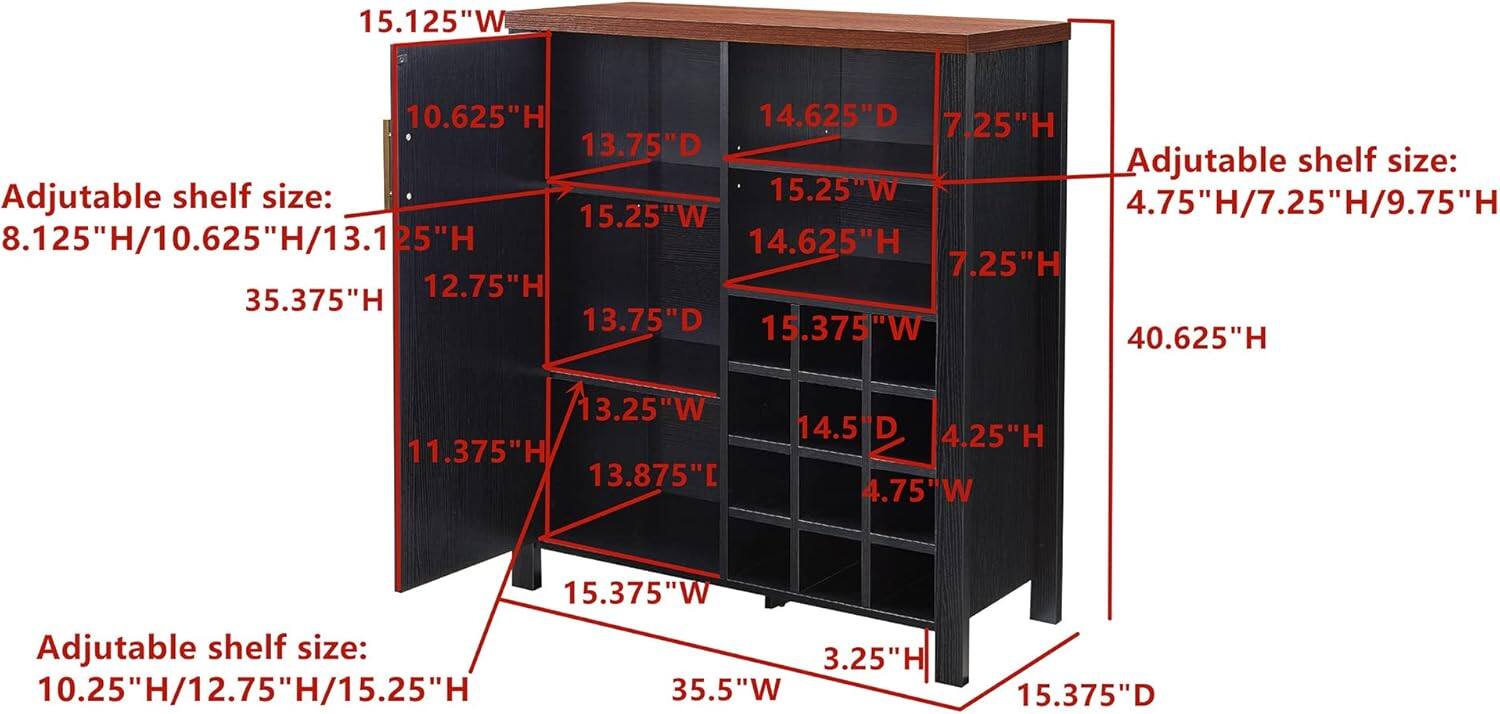 15.125"W x 10.625"H x 14.625"D x 7.25"H

Adjustable shelf size:
- 8.125"H/10.625"H/13.125"H
- 12.75"H
- 11.375"H
- 13.25"W x 4.75"H
- 15.375"W x 4.25"H
- 15.375"W x 3.25"H
- 10.25"H/12.75"H/15.25"H
- 35.5"W x 15.375"D

Adjustable shelf size:
- 4.75"H/7.25"H/9.75"H
- 40.625"H

15.125"W x 14.625"H x 15.25"W x 7.25"H
15.25"W x 14.625"H x 
