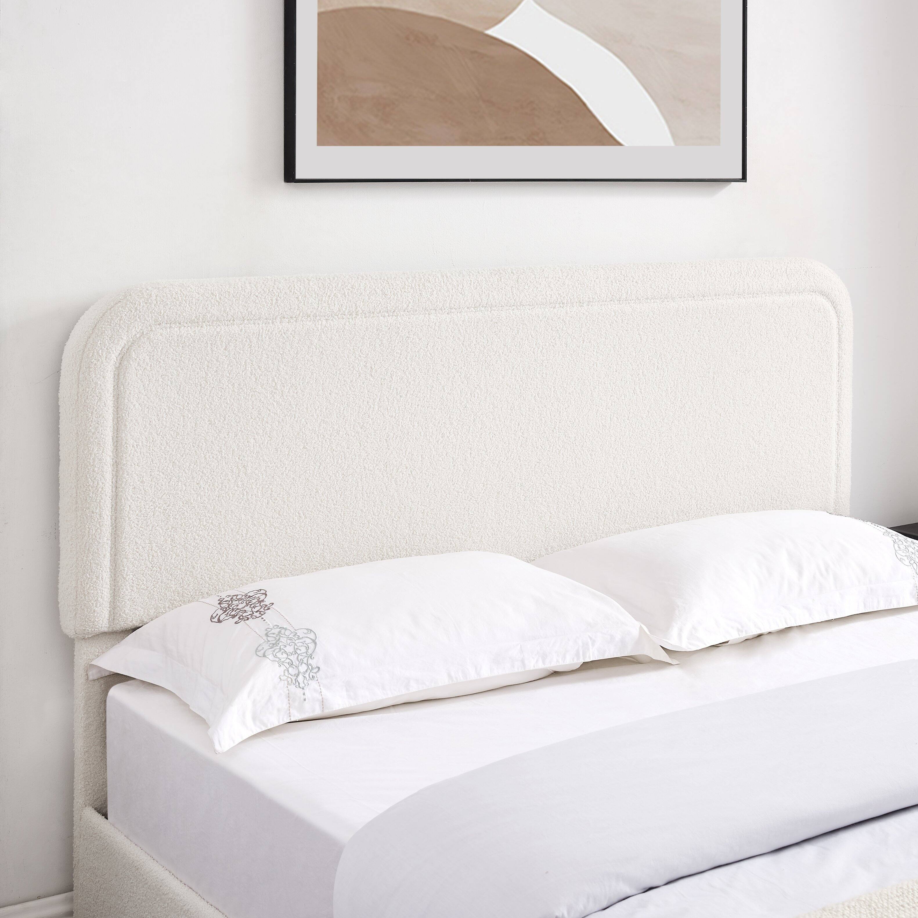 Angle. GOODSILO - Queen Upholstered Platform Bed with 4 Storage Drawers & Tufted Headboard - Ivory.