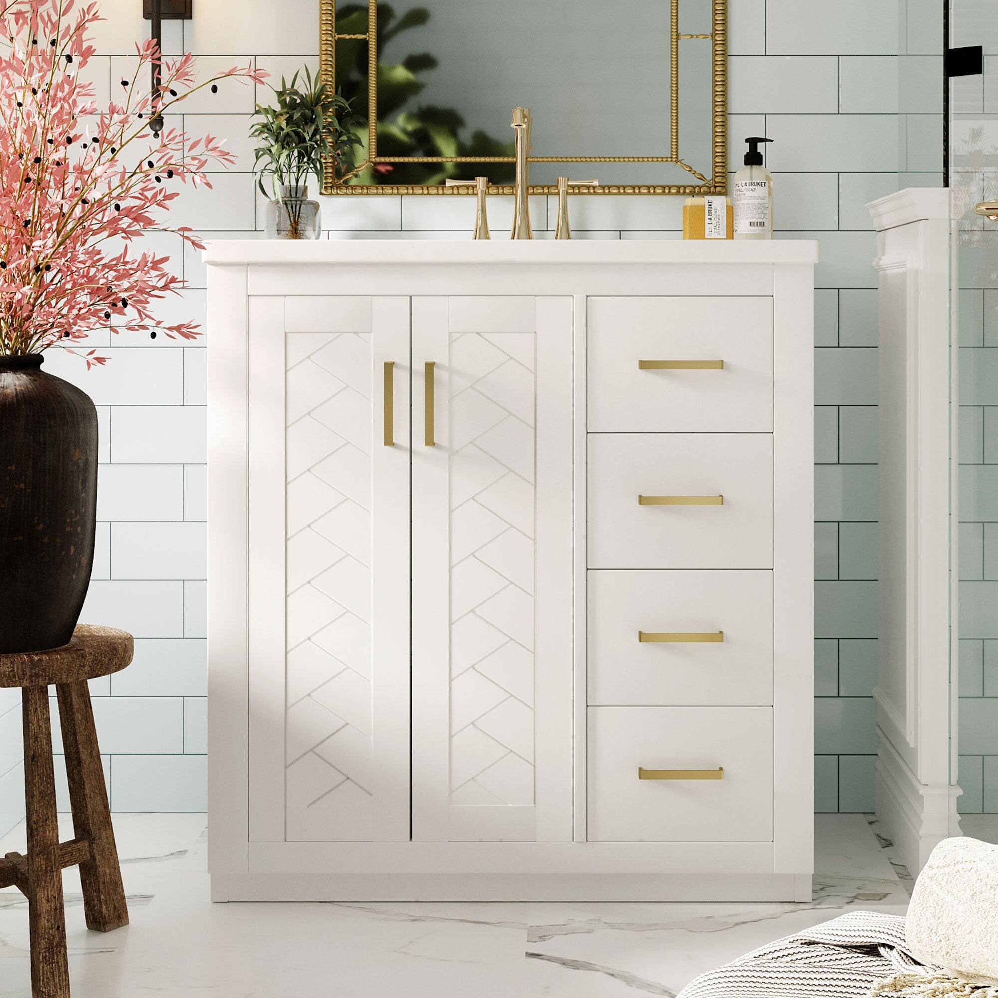 Alt View 1. Boyel Living - 30 Inch Bathroom Vanity White with Ceramic Sink Solid Wood Frame 3 Drawers - White.