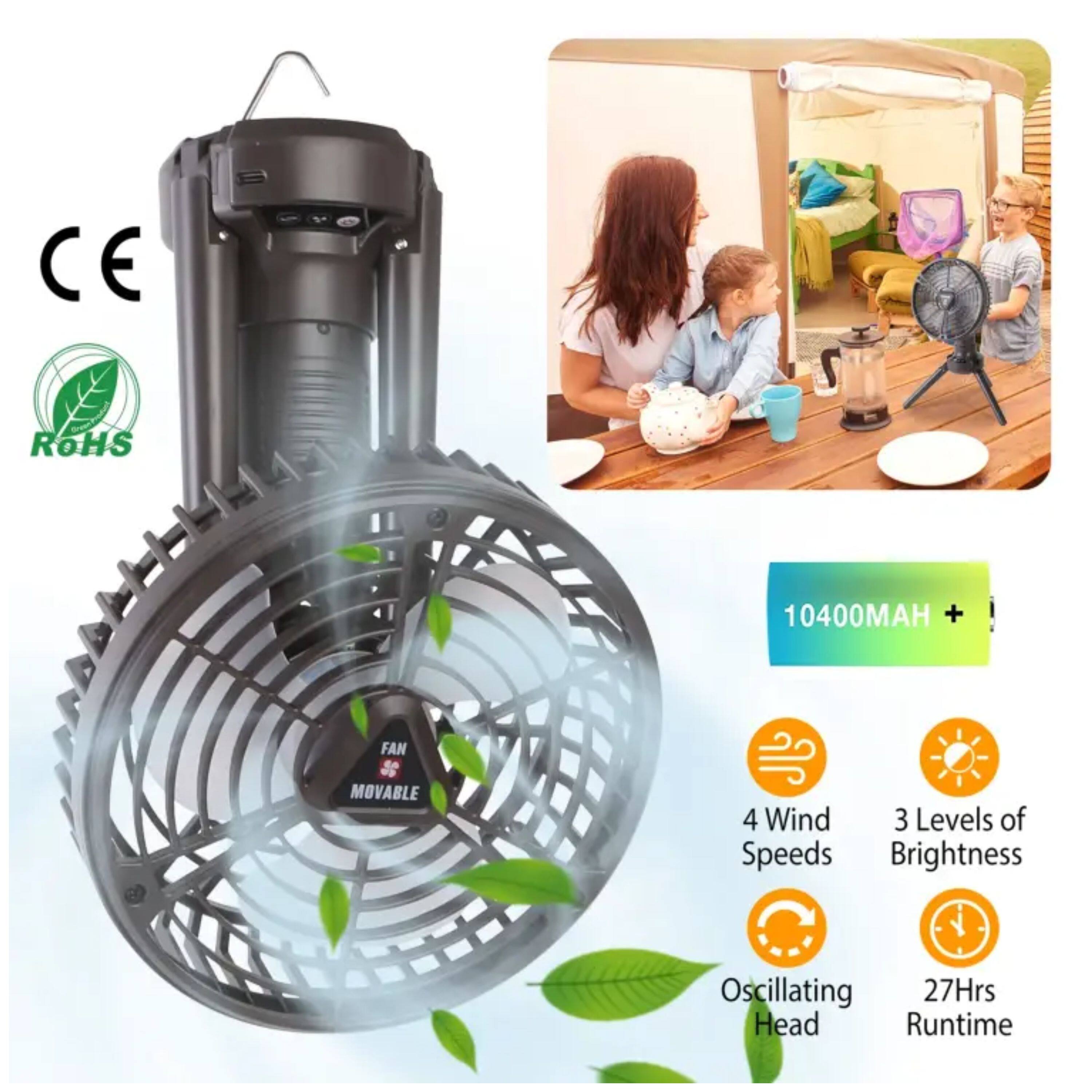 CE ROHS 10400MAH + FAN MOVABLE  
4 Wind Speeds  
3 Levels of Brightness  
Oscillating Head  
27Hrs Runtime