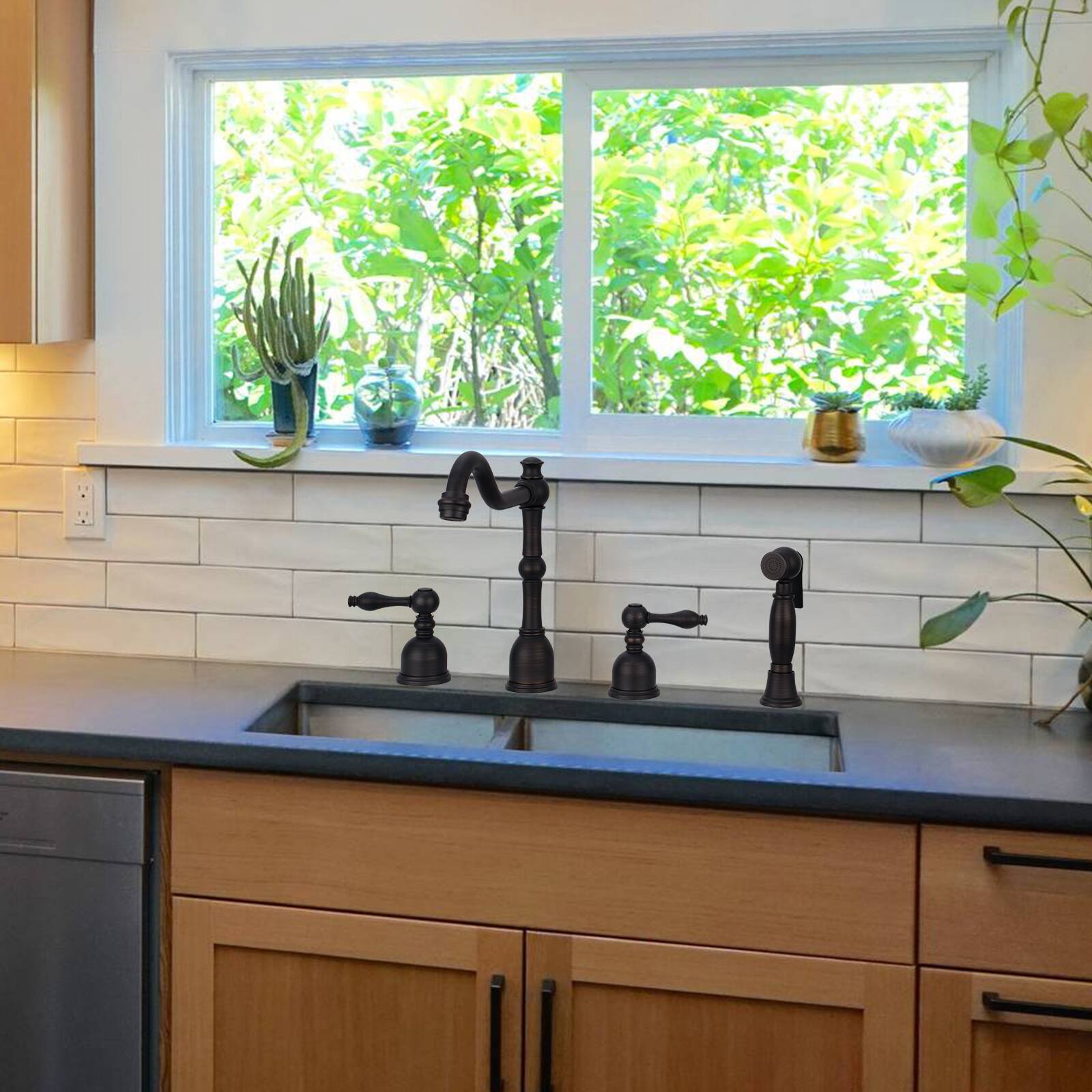 Alt View 6. Akicon - Akicon Solid Brass Two-Handles 360° Swivel Widespread Kitchen Faucet with Side Sprayer in Oil Rubbed Bronze - Oil Rubbed Bronze.