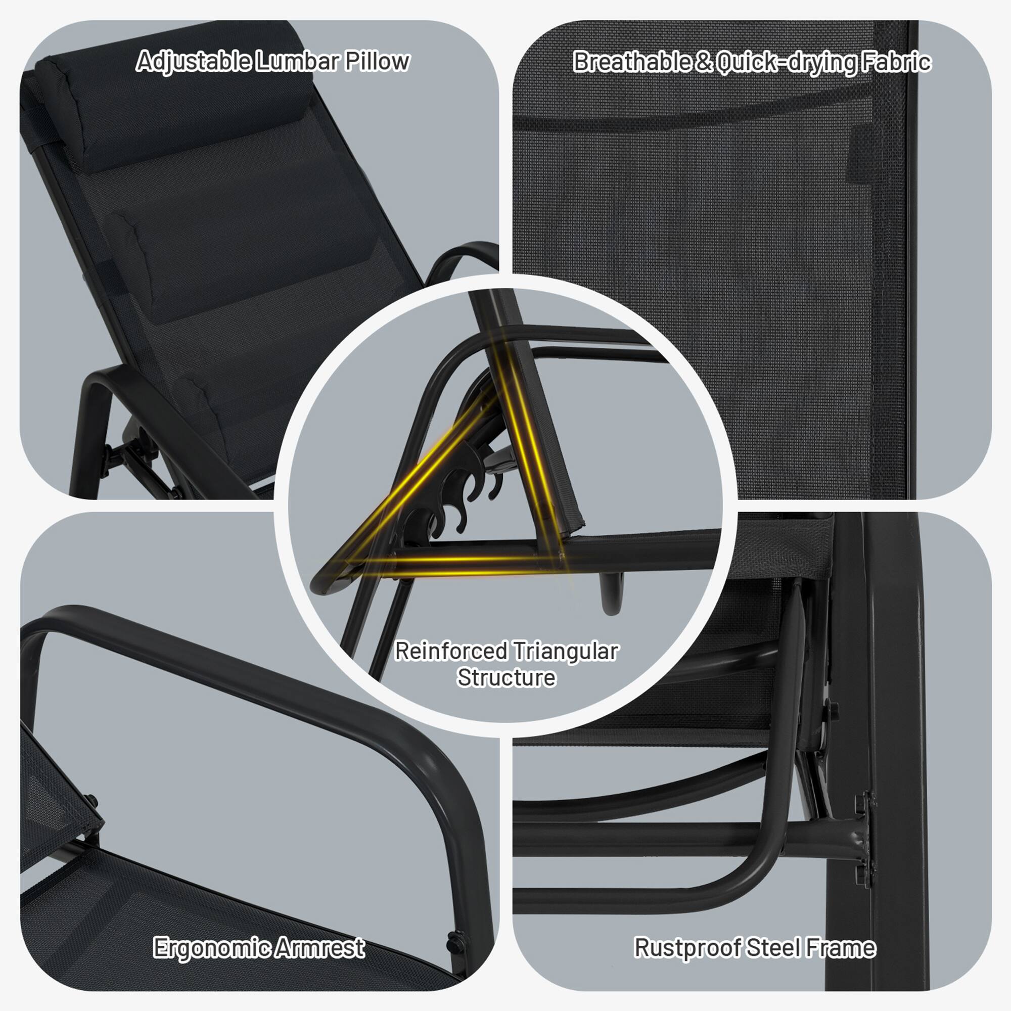 Adjustable Lumbar Pillow, Breathable & Quick-drying Fabric, Reinforced Triangular Structure, Ergonomic Armrest, Rustproof Steel Frame