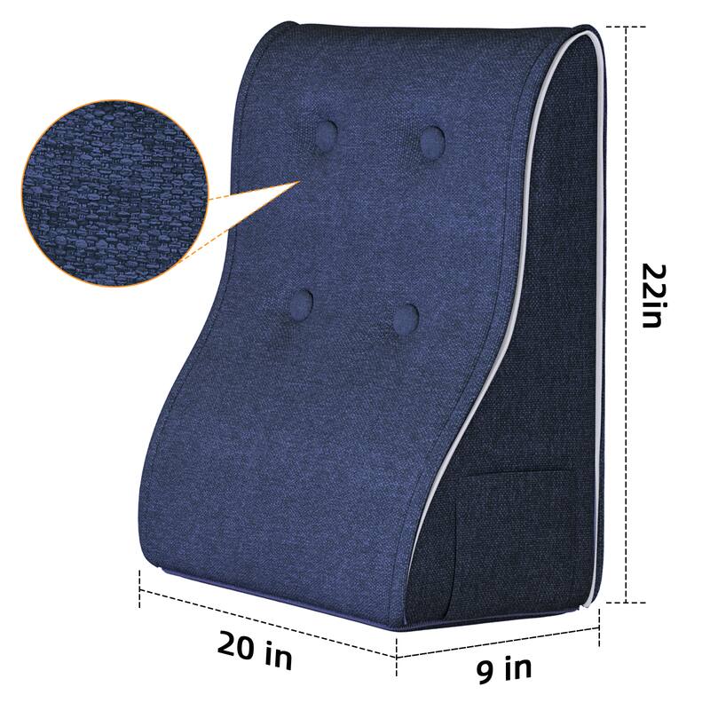 Left. wowmax - Adult Reading Pillow - Backrest Cushion w/Pocket - Convertible Long Pillow - Linen Dark Blue (20x9x22in) - Dark Blue.